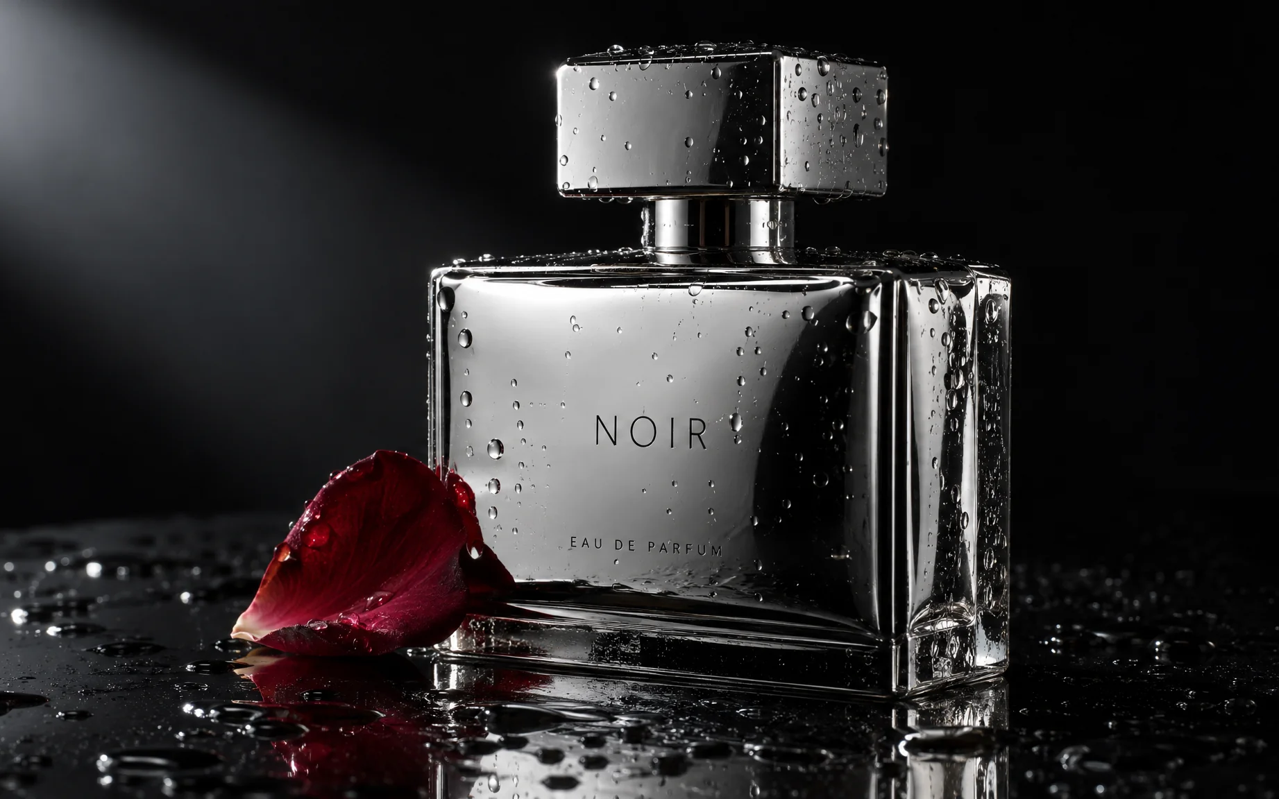 Chrome perfume bottle on black glass