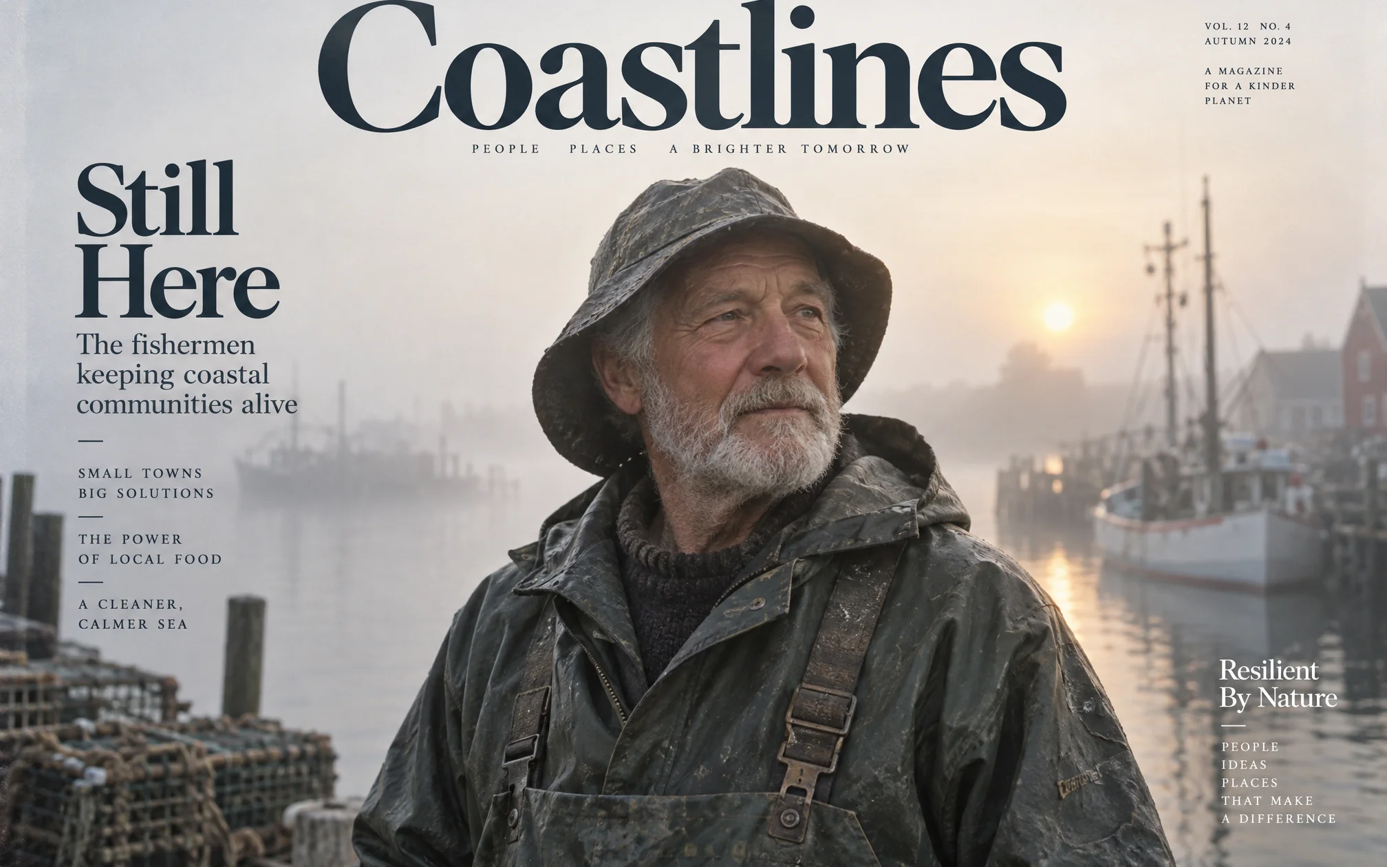 Elderly fisherman portrait at foggy harbor