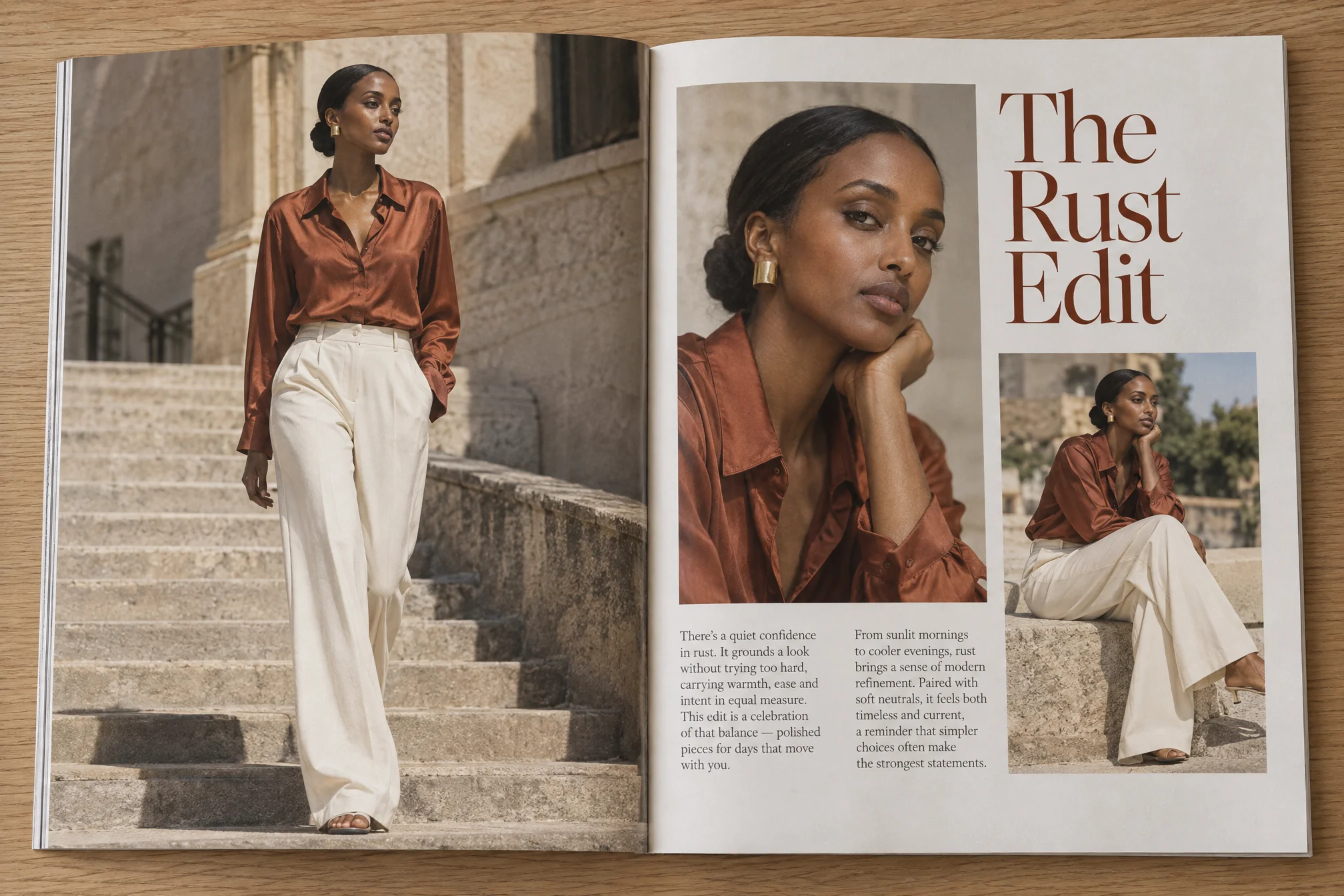 Editorial spreads with one subject held across frames