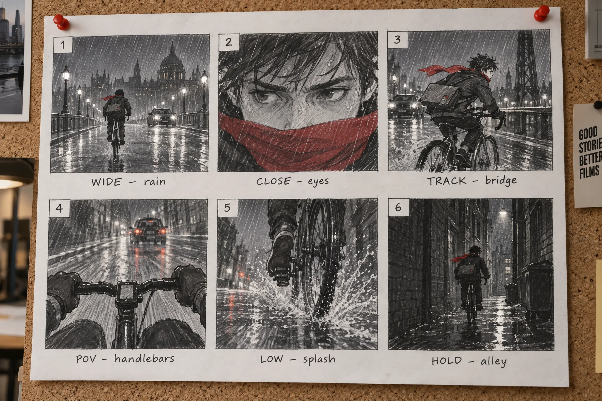 Concept art and storyboard frames for a pitch