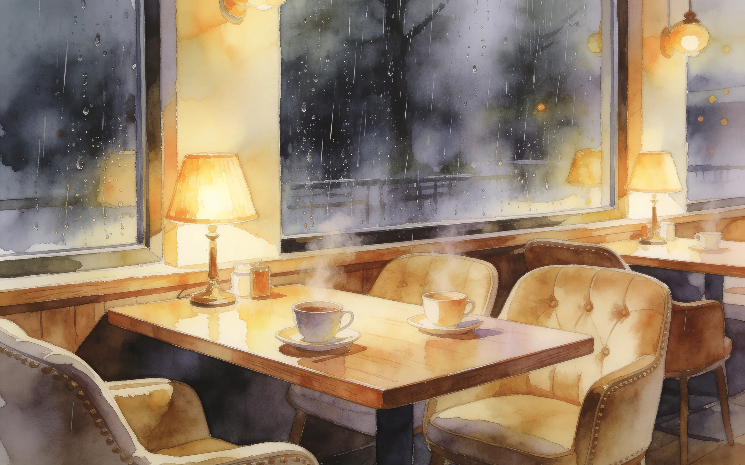 Rainy café interior illustration