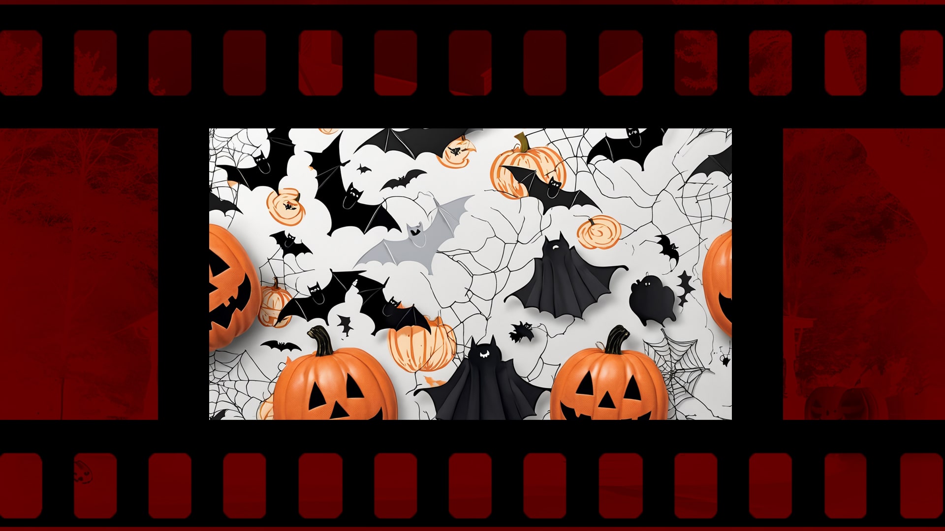 A repeating pattern of bats, pumpkins, ghosts, and witches