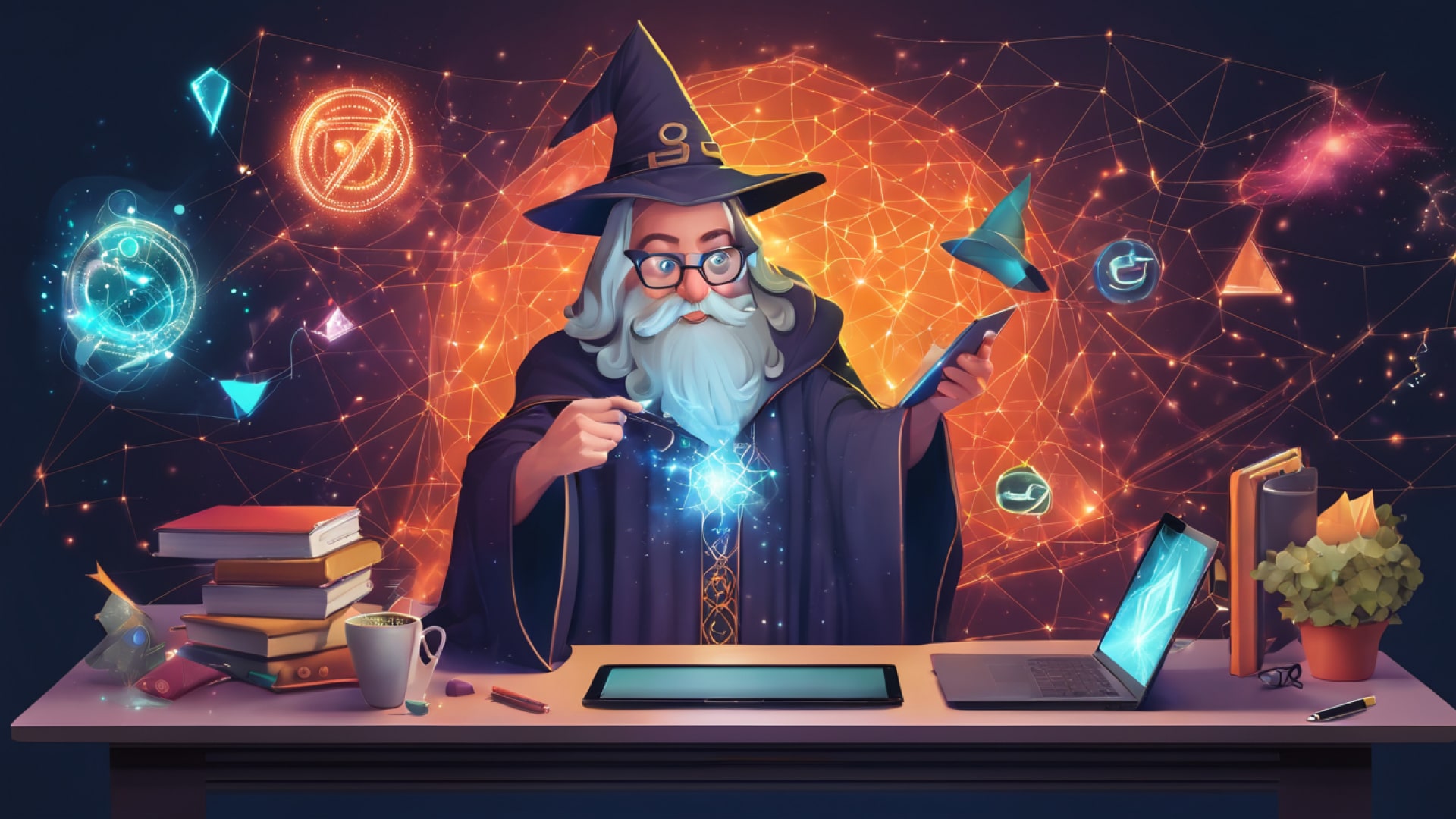 image representing a wizard or tech-savvy persona with a laptop