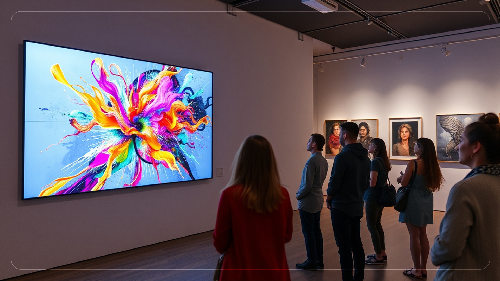 A modern art gallery room where a digital screen displays a vibrant, colorful artwork being created in real-time by AI. People are watching, amazed by the art coming to life instantly on the screen