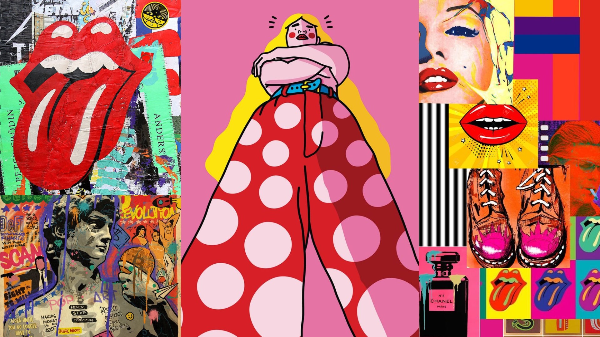 A collage art signifying different aspects of modern pop culture.