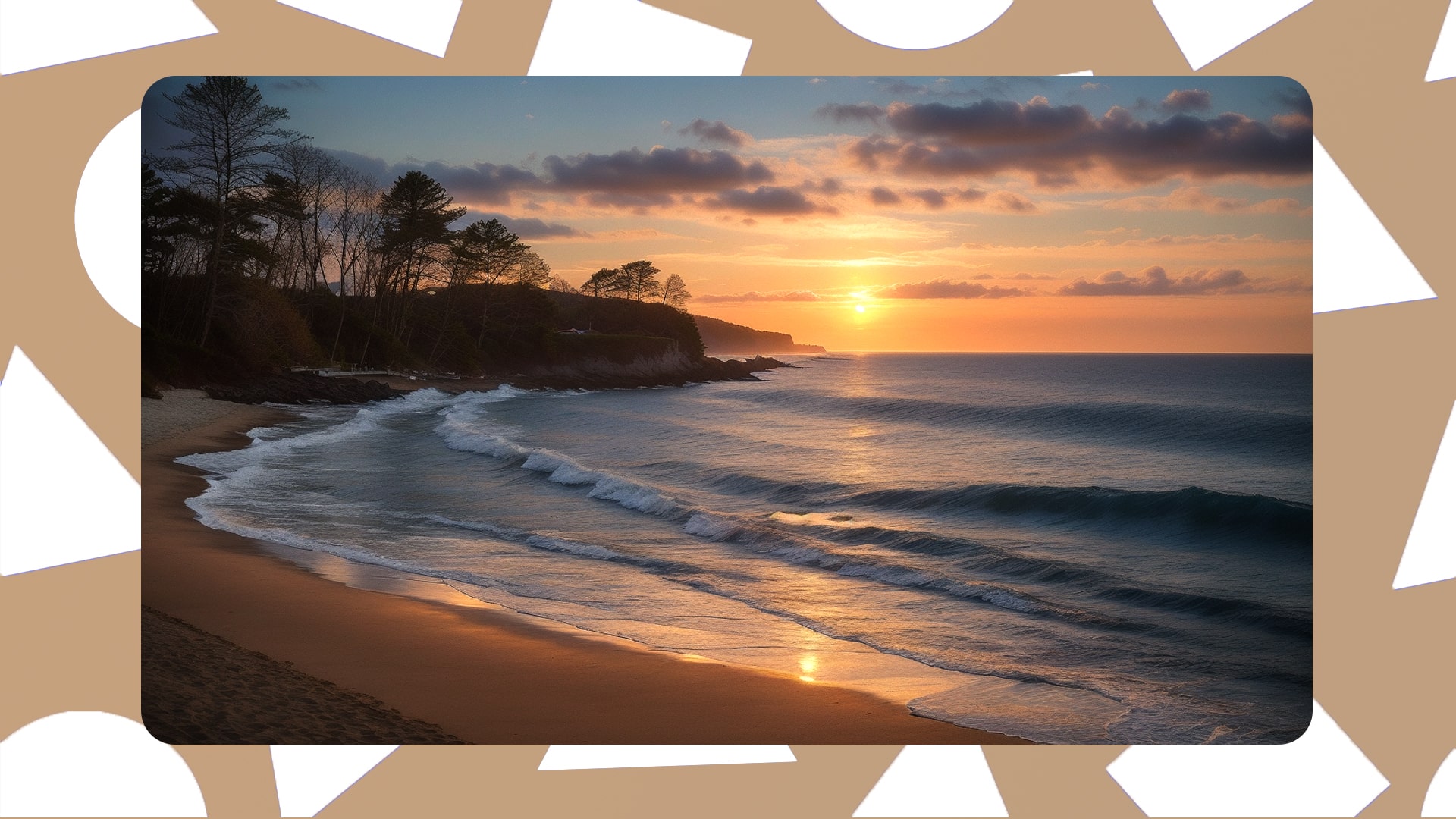 a serene beach scene with the sun gently setting over the calm ocean waves