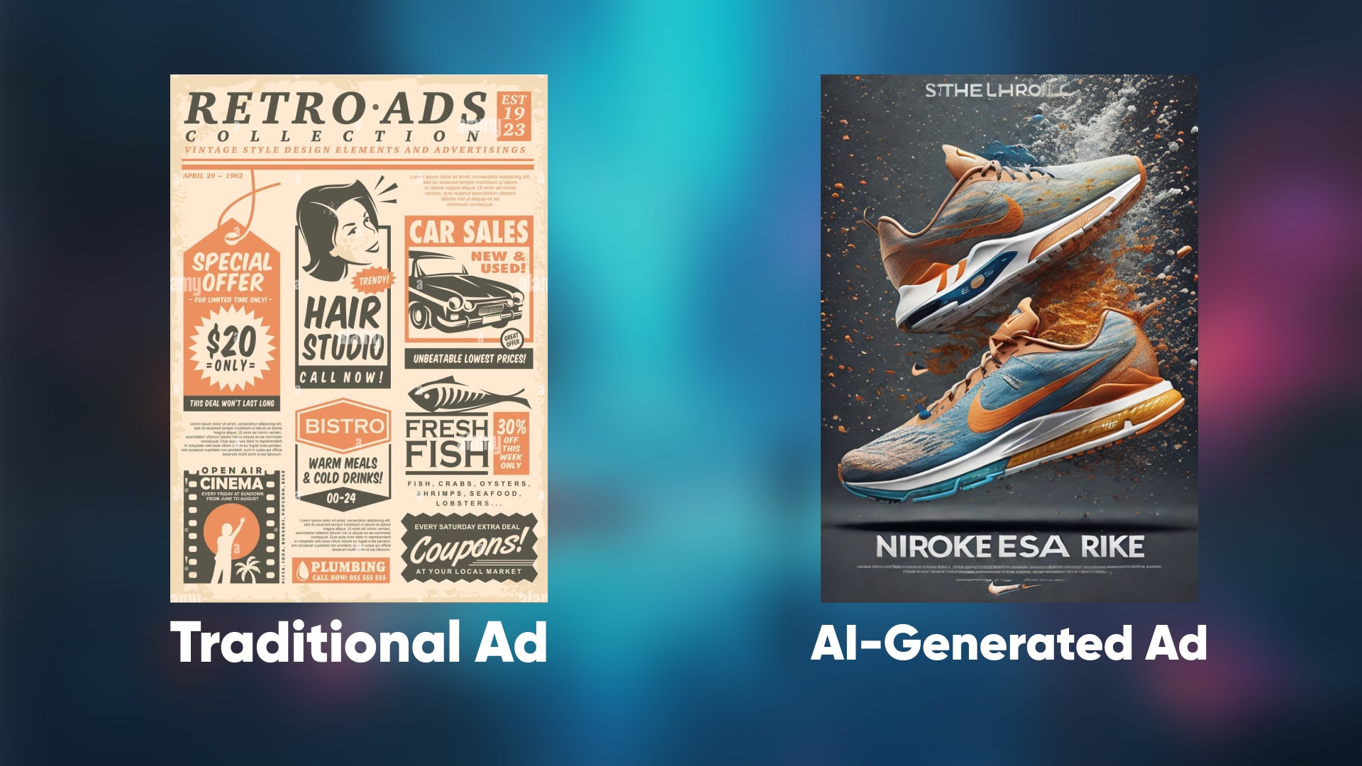 A split-screen visual showcasing a traditional ad versus an ad generated by Imagine AI