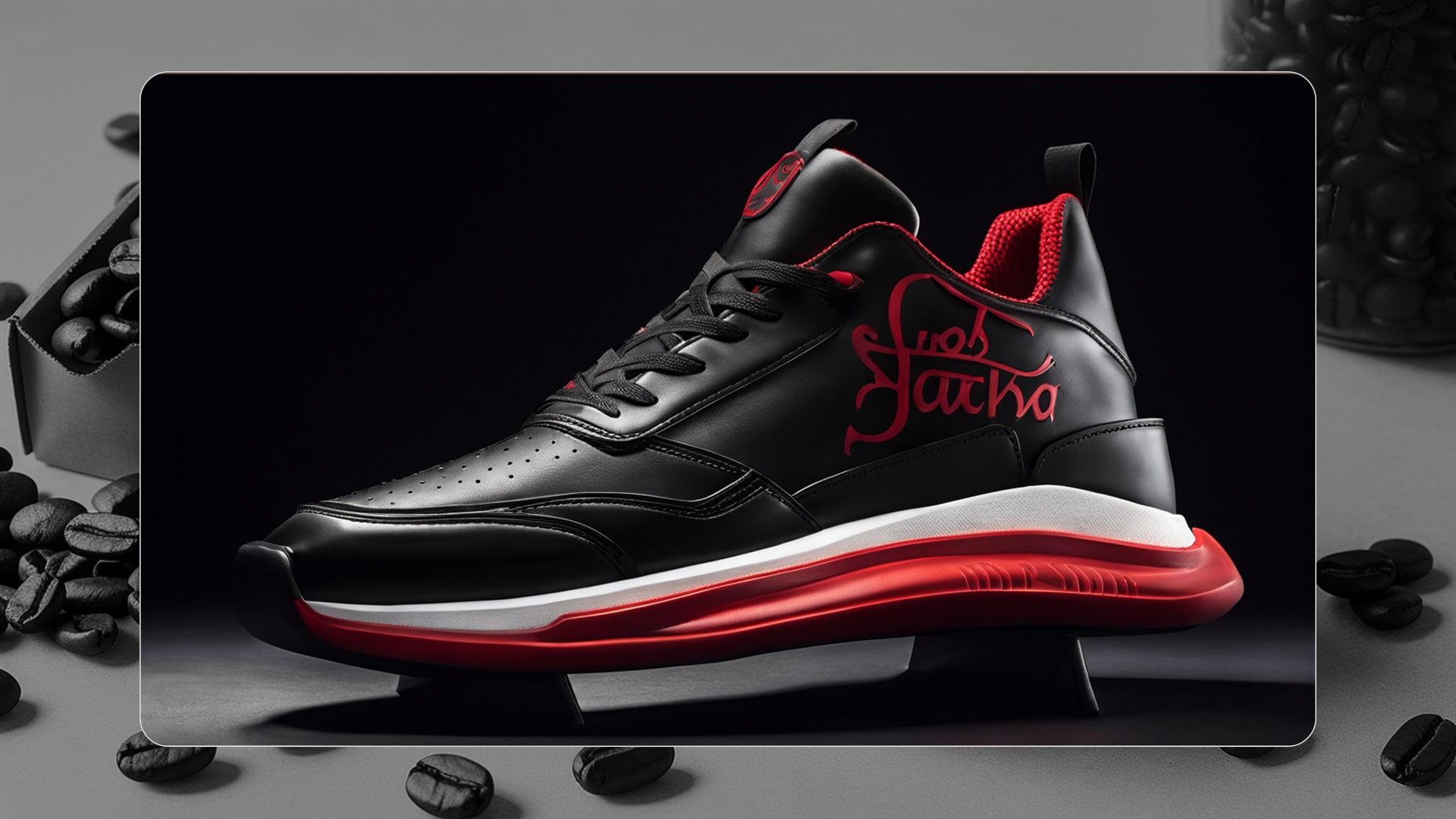 Black athletic sneakers with white sole and red logo