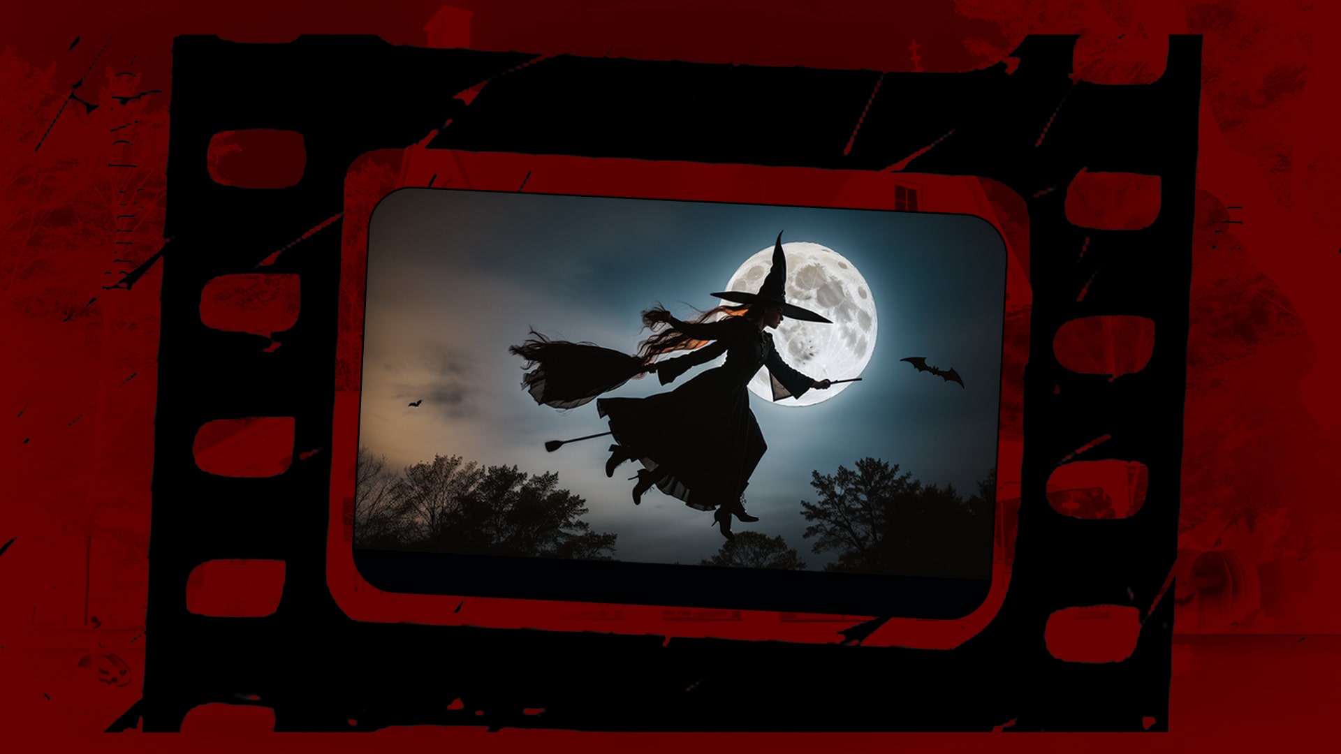 spooky Halloween party decoration featuring a witch flying