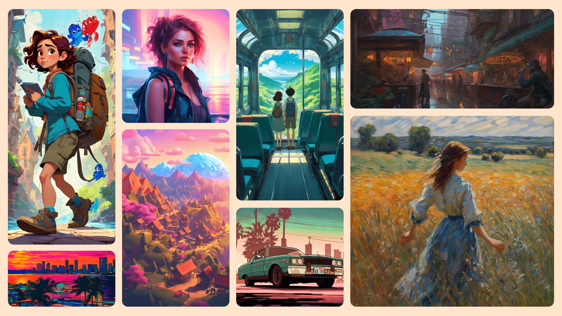 A visual representation of diverse art styles generated by Imagine AI, showcasing realism, anime, surrealism, and more.