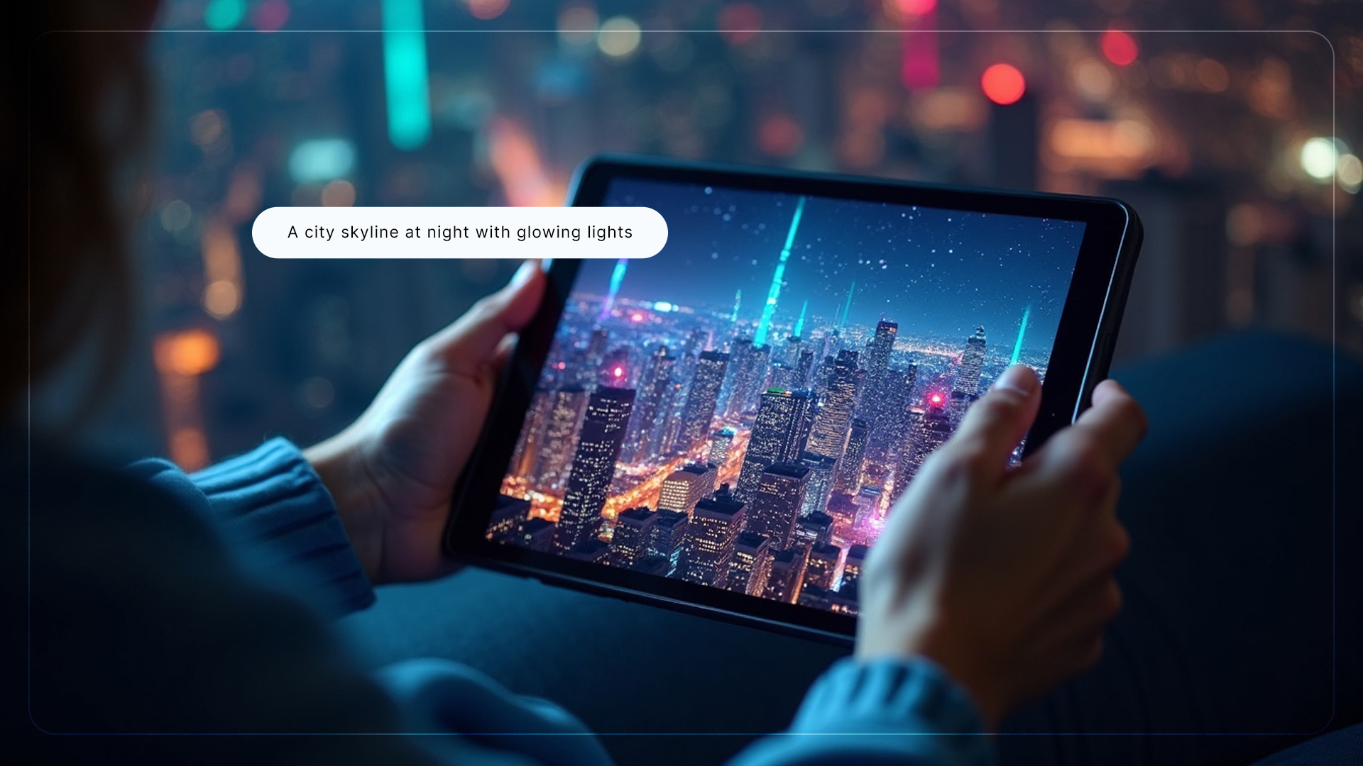 A person using the Imagine AI Art Generator on a tablet, typing a description, 'A city skyline at night with glowing lights,' while the AI instantly creates the scene. The cityscape appears vibrant with neon lights against a night sky.