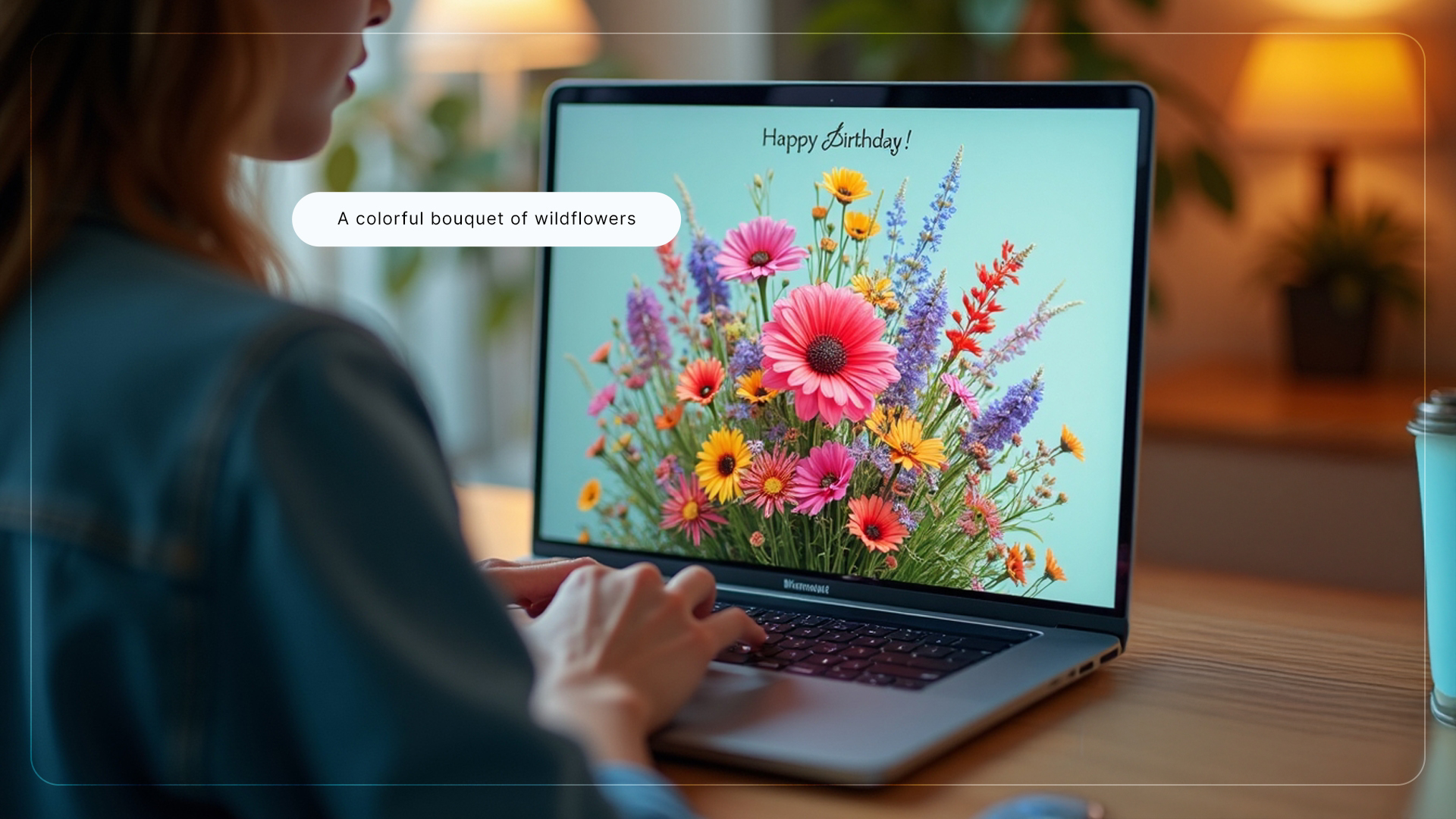 A person creating a custom artwork for a friend, typing 'A colorful bouquet of wildflowers' on a laptop screen with the AI generating a vibrant floral image instantly. A message reads, 'Happy Birthday!' at the top