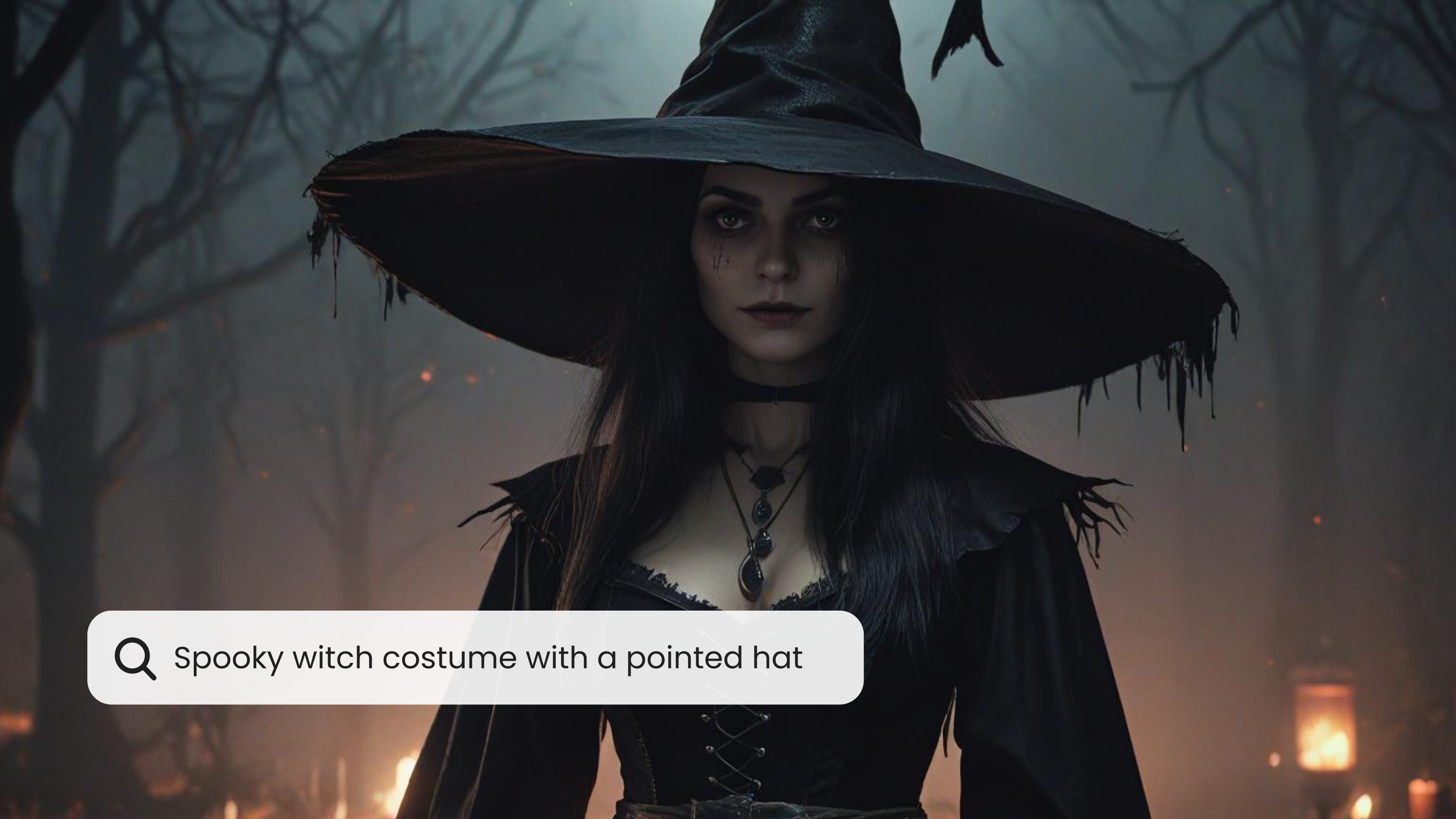 A selection of AI prompts written on a dark background, featuring phrases like 'design a spooky witch costume with a pointed hat,' with visuals of the generated costumes nearby