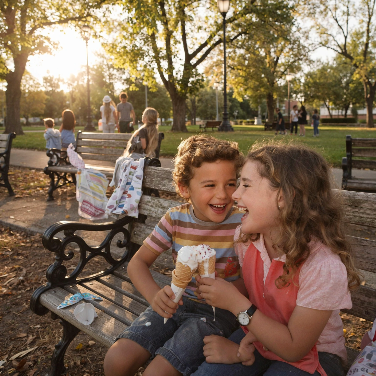 A boy and a girl laughing while sitting at the bench eating icecream.