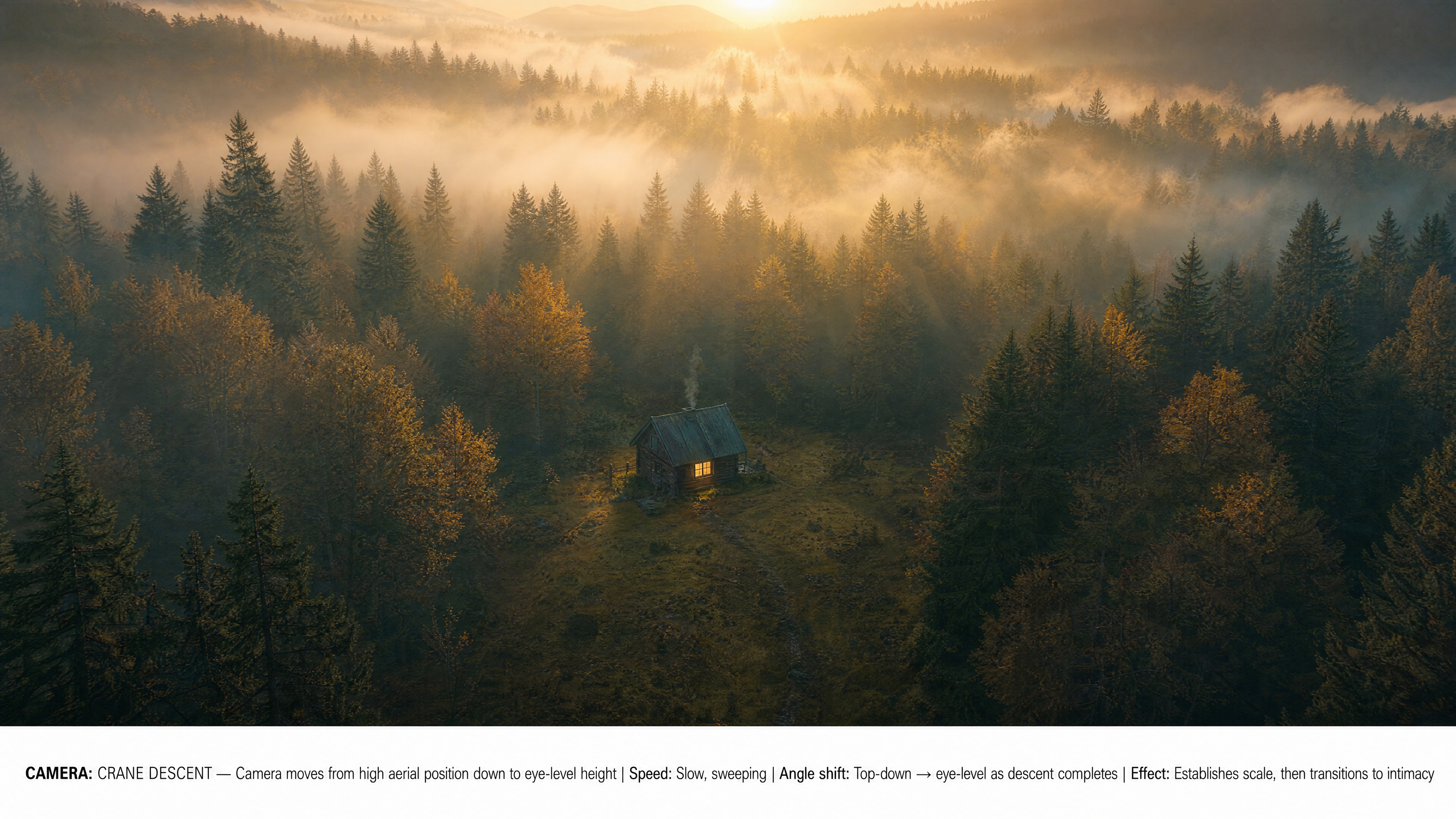 Aerial crane shot descending from a high forest view down to a small lit cabin at dawn, demonstrating a crane camera movement establishing shot