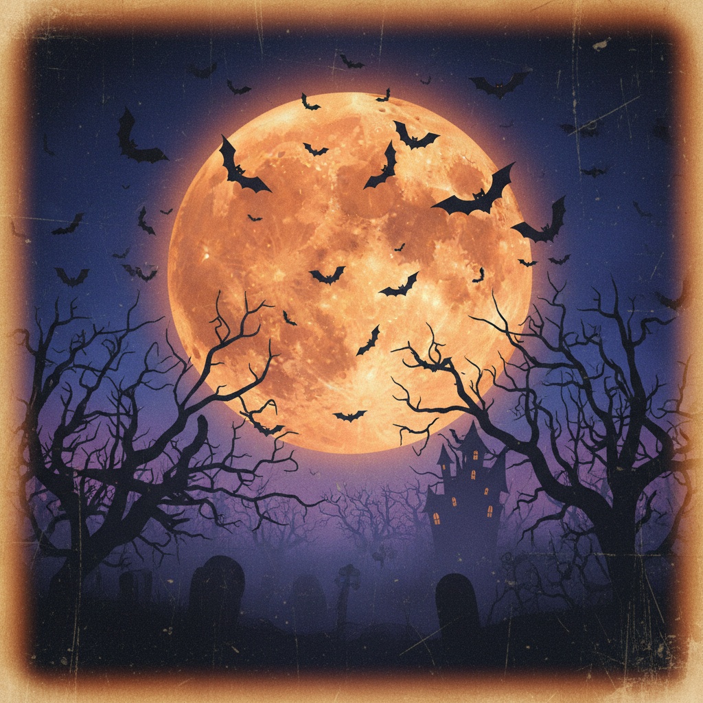 A Halloween background wallpaper with a glowing orange moon, bats flying across the night sky, and dark silhouettes of trees.