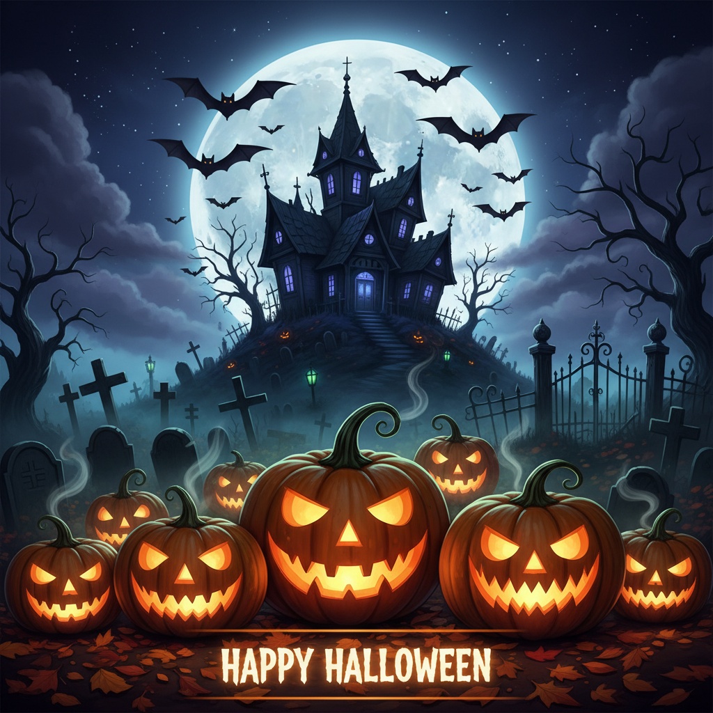 A Halloween desktop wallpaper featuring glowing pumpkins, flying bats, and a haunted house