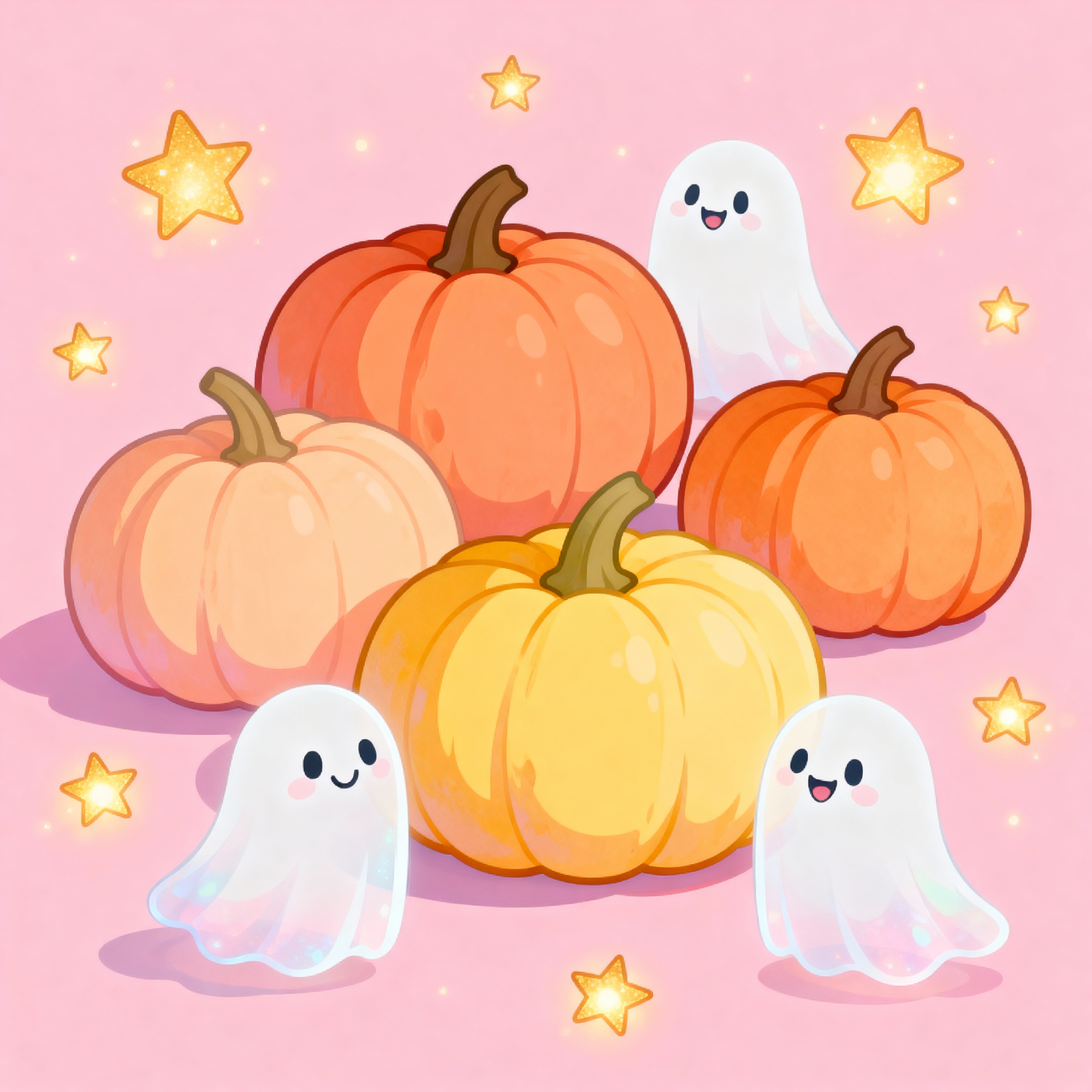 A pink Halloween wallpaper with pastel pumpkins, friendly ghosts, and glowing stars on a soft pink background, in cartoon style.”