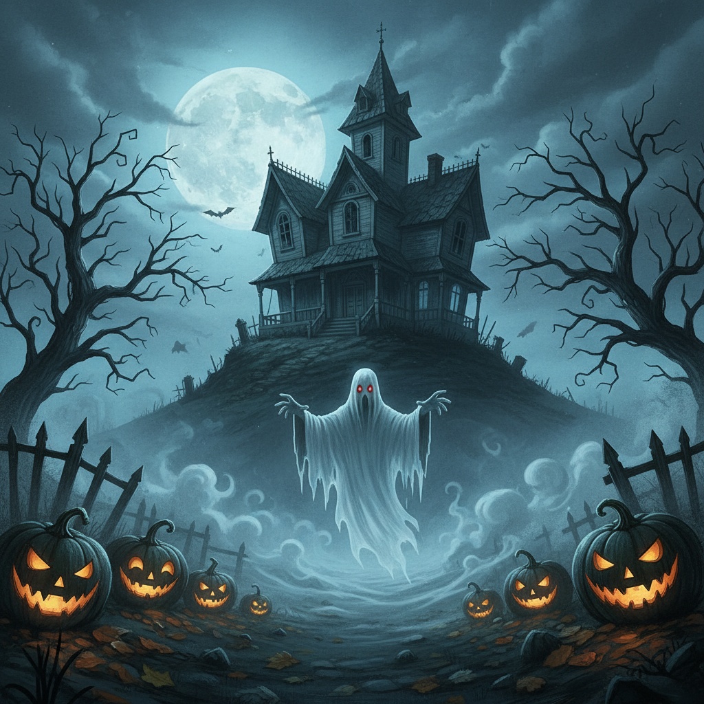 A scary Halloween wallpaper with a haunted house, dark trees, glowing jack-o’-lanterns, and a ghostly figure in the mist.