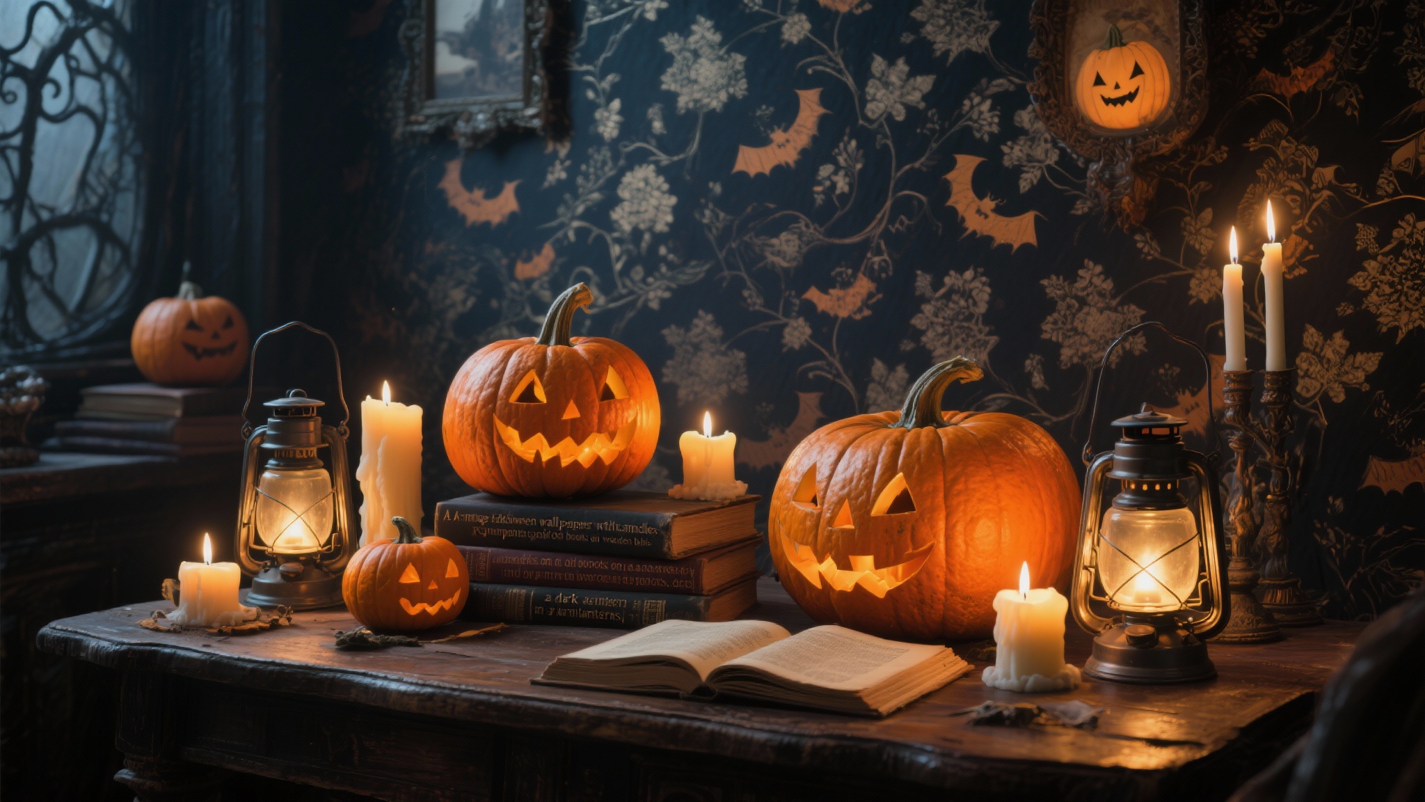 A vintage wallpaper with pumpkins and candles on a wooden table