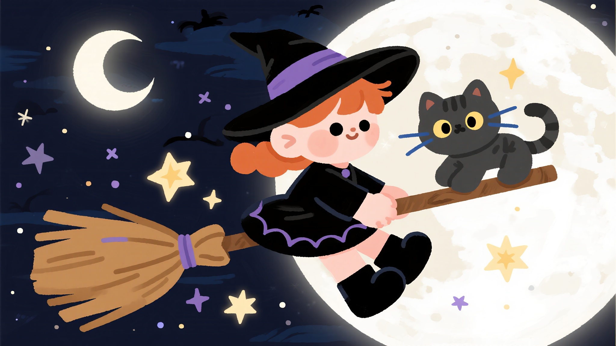Cute Witch Flying on a Broom with Her Cat