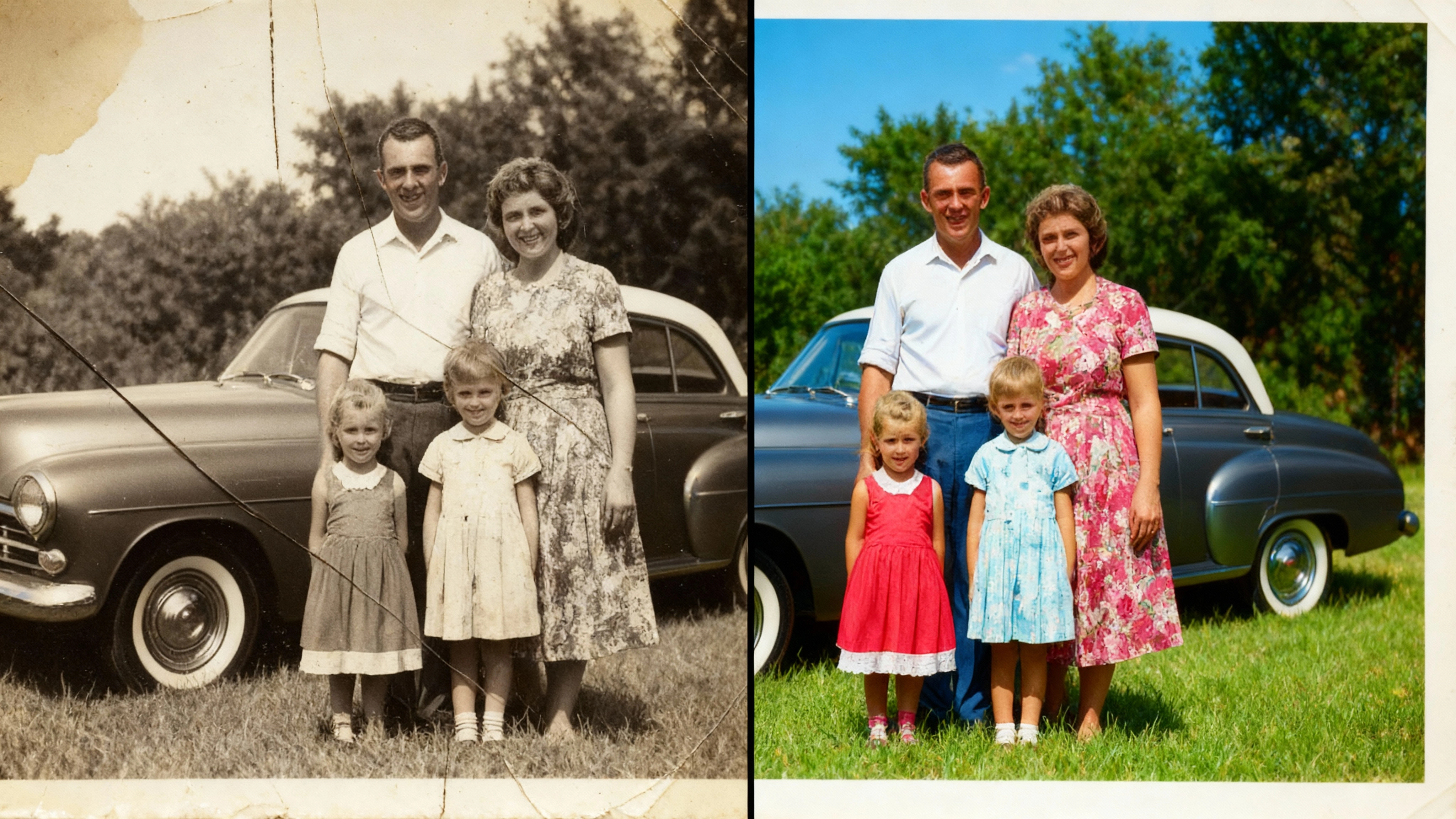 Before and After Comparison of an Old Photo Being Restored Using AI