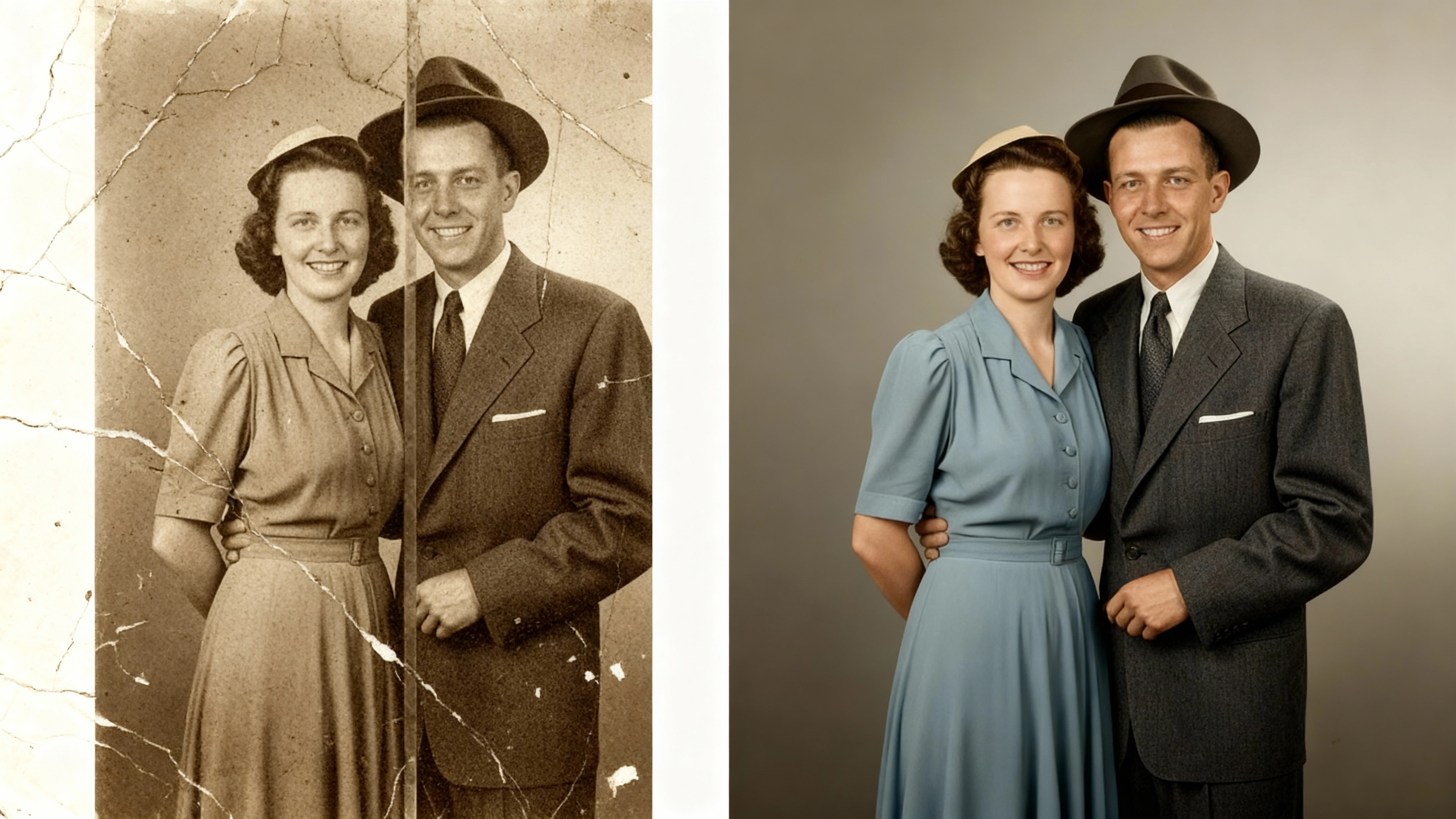 Before and After Comparison of an Old Photo Being Restored Using AI