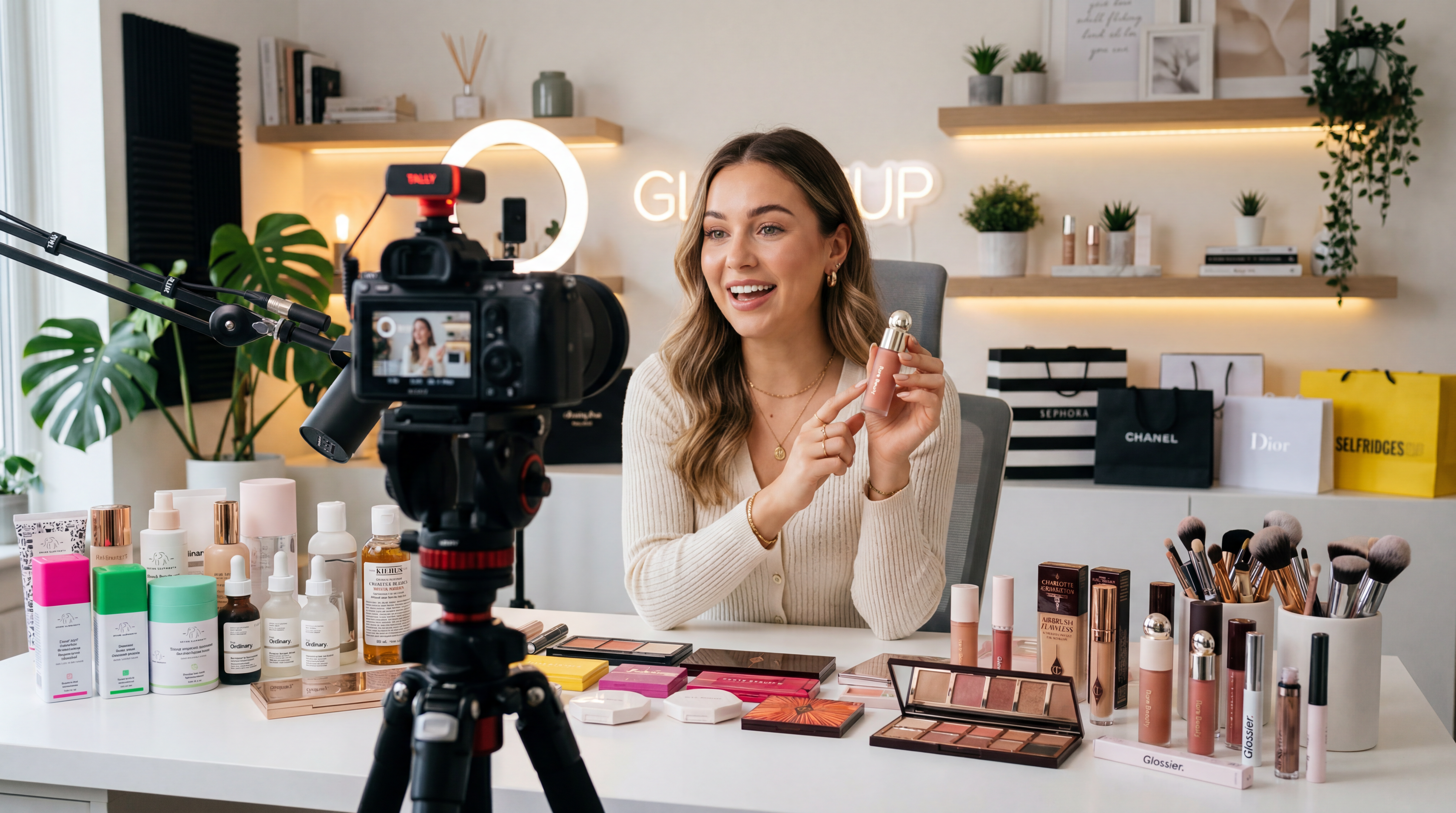 Beauty creator reviewing a Sephora shopping haul for YouTube