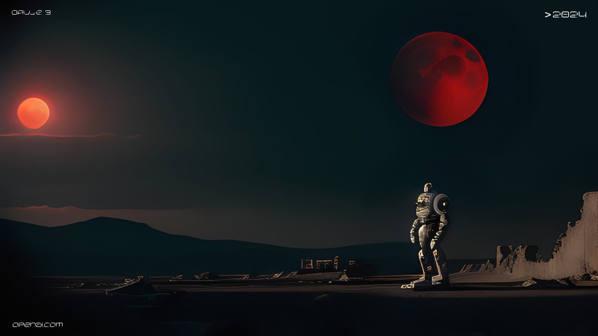 A lone robot gazing at the ruins of a futuristic city under a blood-red moon