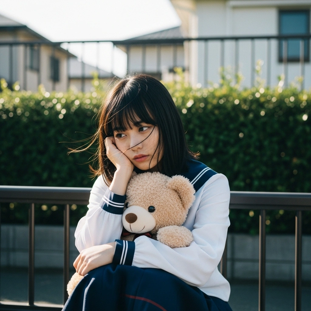 Elnino__A_pensive_young_woman_with_straight_black_hair_and_bangs,_sittin_4cb92ea1-e1b2-4135-b668-aea58b5d8598.webp