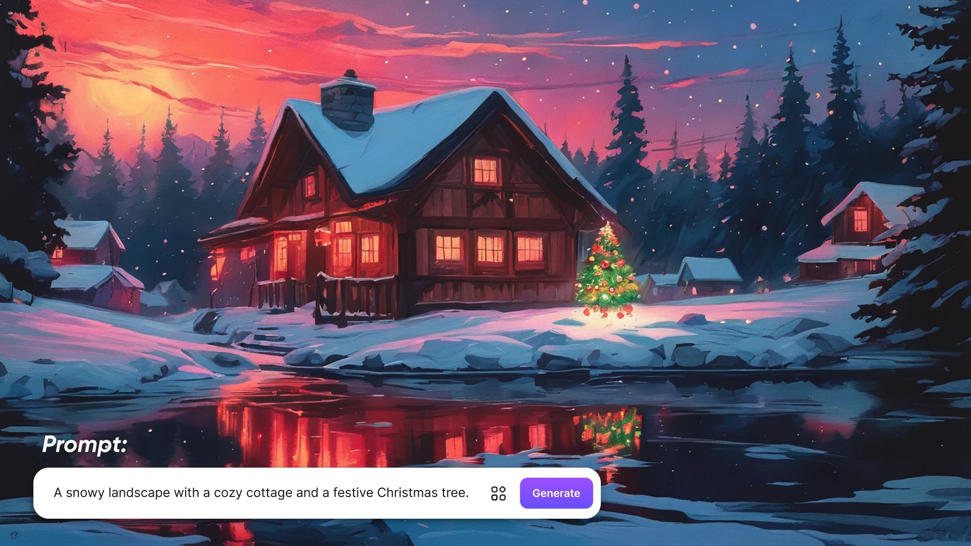 A snowy landscape with a cozy cottage and a festive Christmas tree.