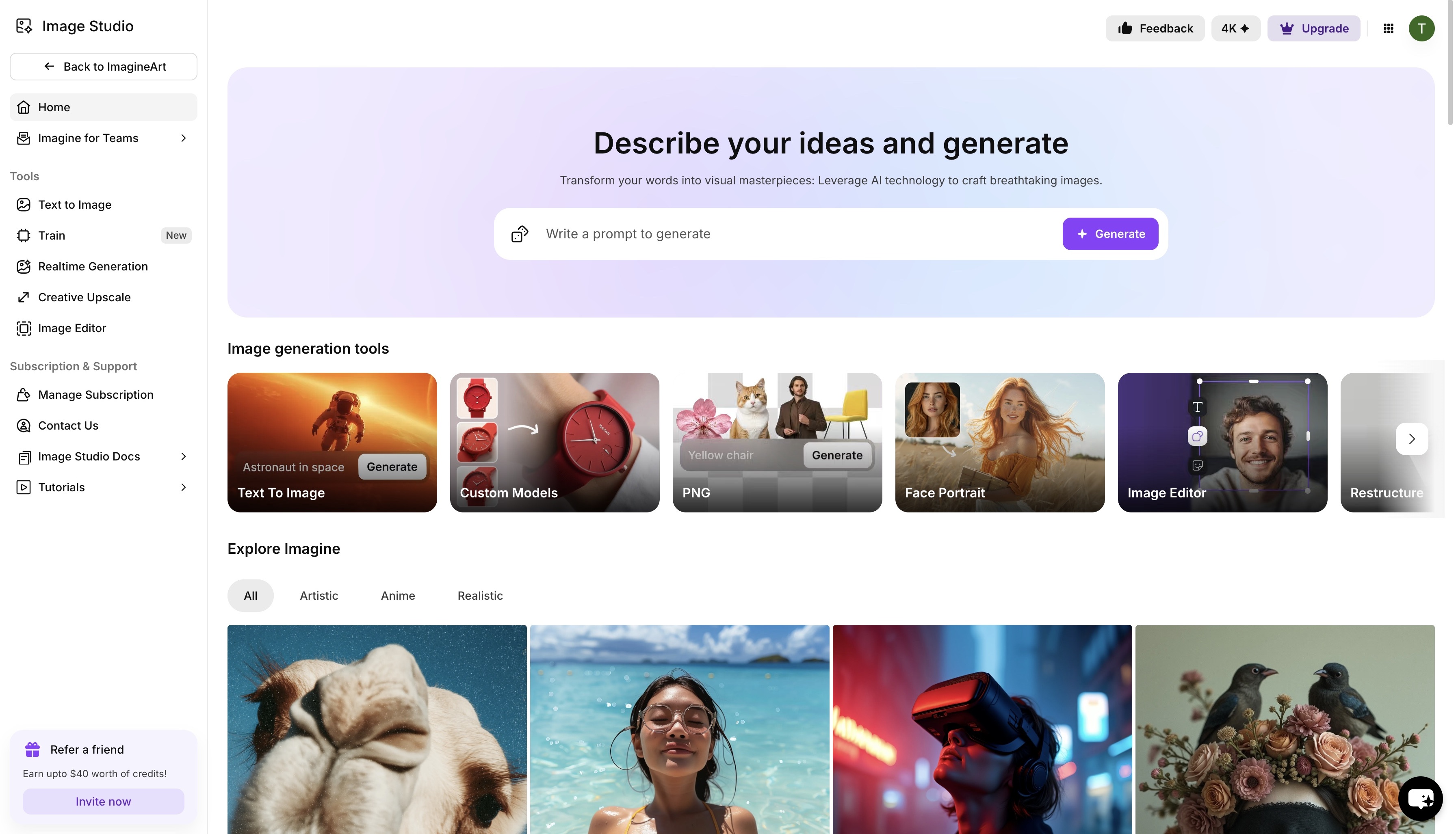ImagineArt Image Studio dashboard