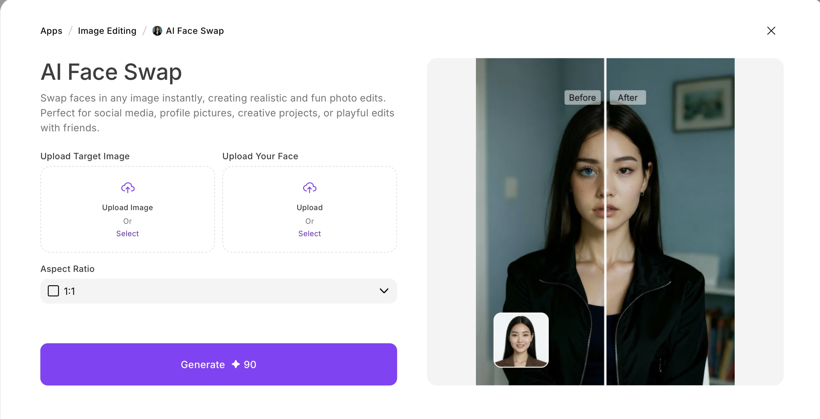 ImagineArt AI Face Swap dashboard