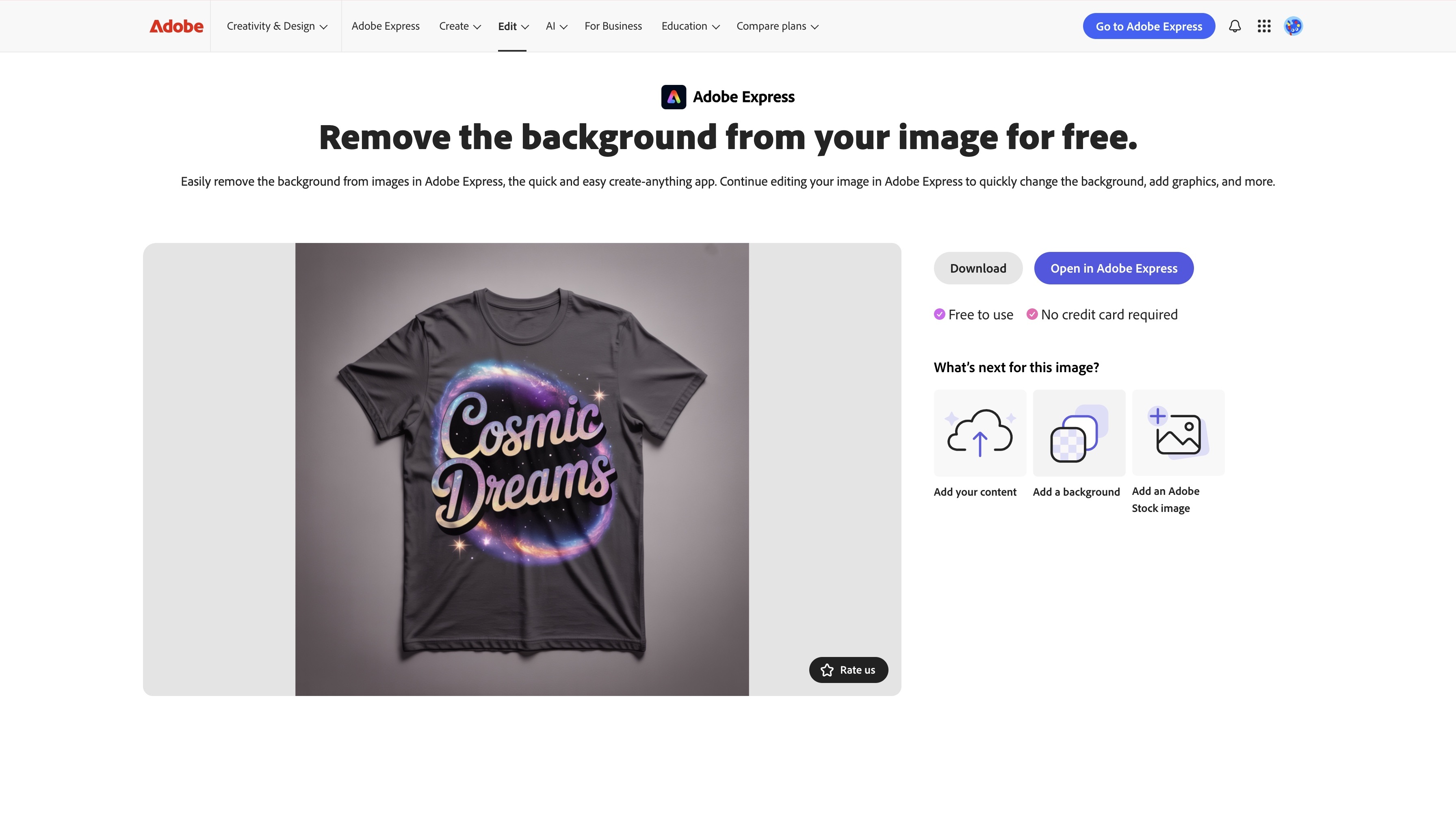 Adobe Express Background Remover dahsboard