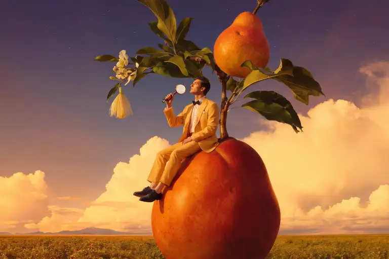 Man in tan suit on a giant pear.webp