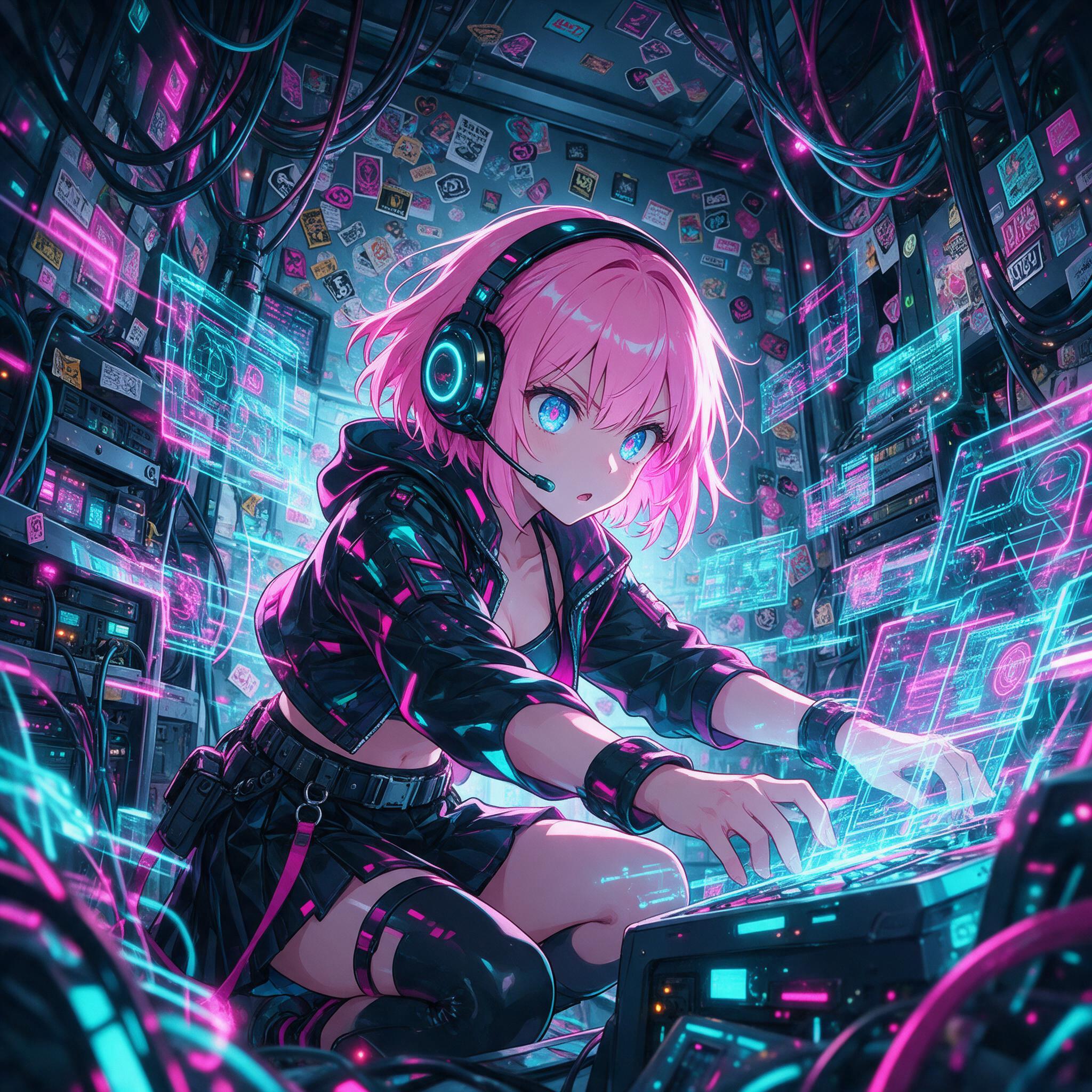 Anime girl with indigo hair on a neon Tokyo rooftop at night