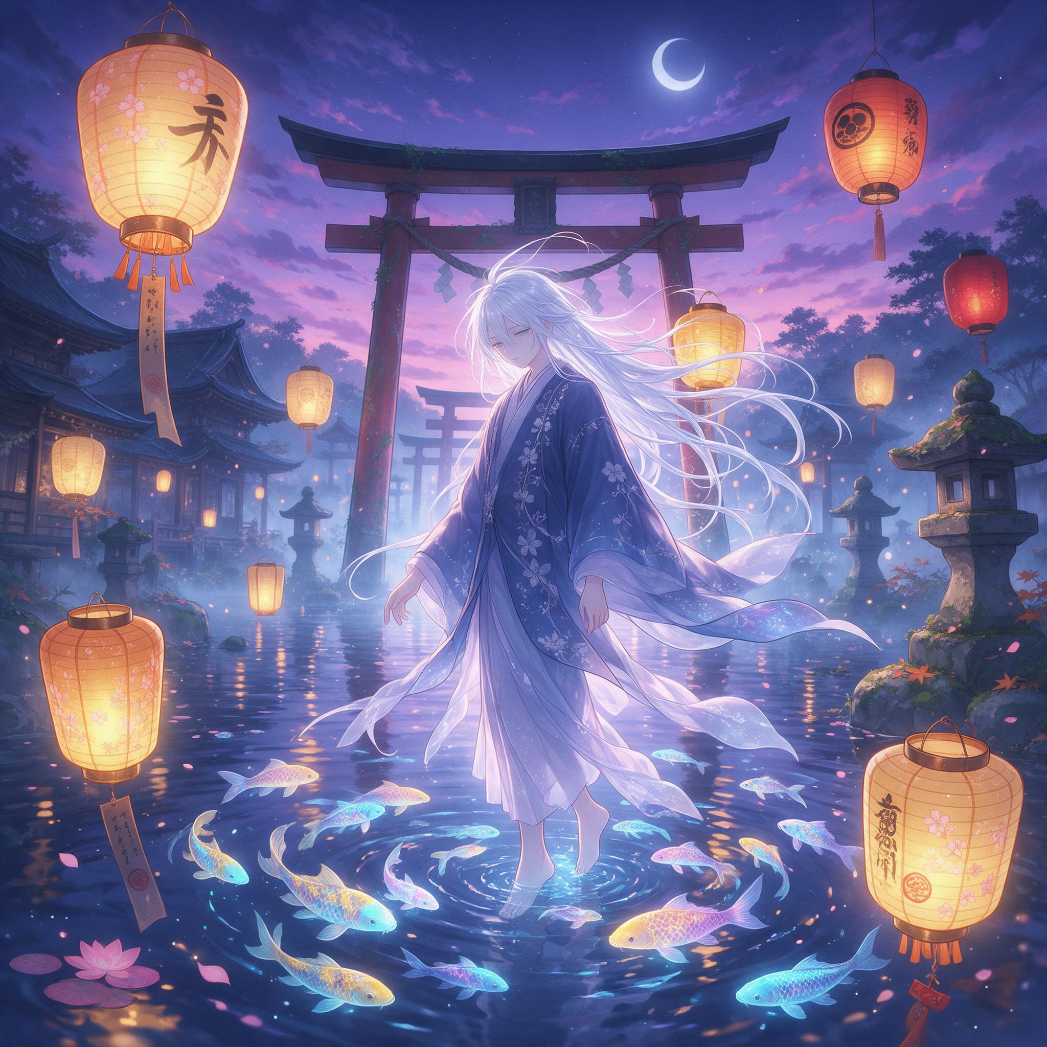Ethereal anime spirit boy floating through a flooded shrine at twilight