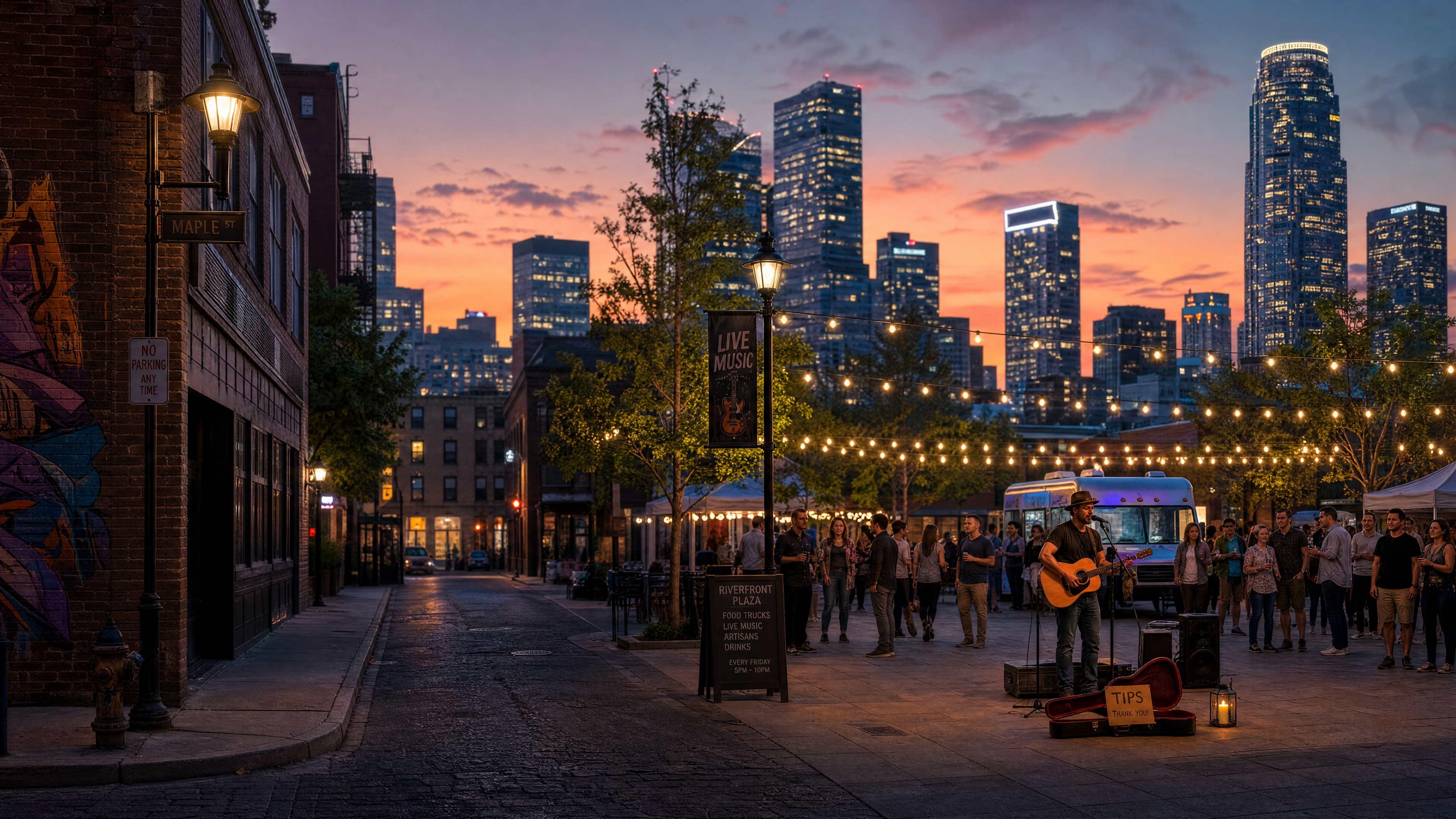 Pan right camera movement across a city skyline at dusk, revealing a lit plaza and street performer