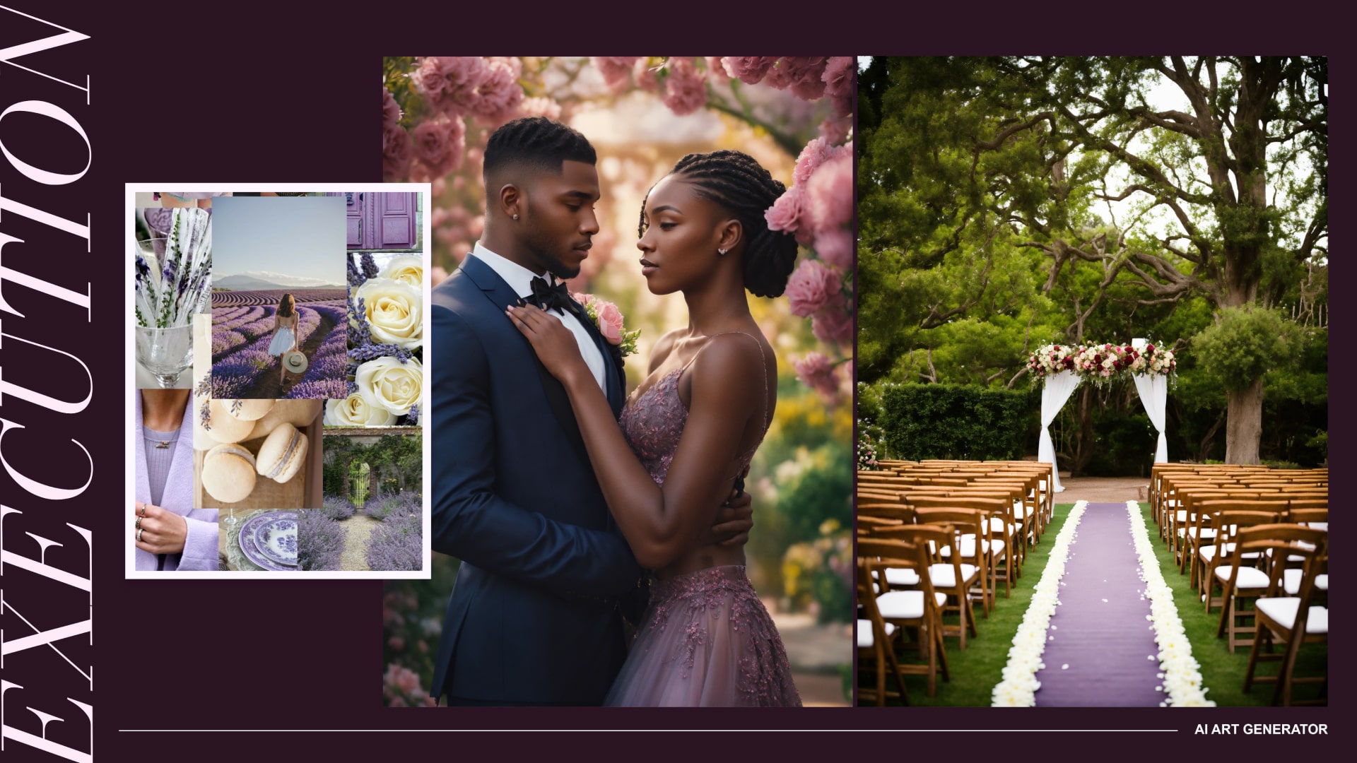 A split image showing a couple's wedding theme and the resulting AI-generated custom design.