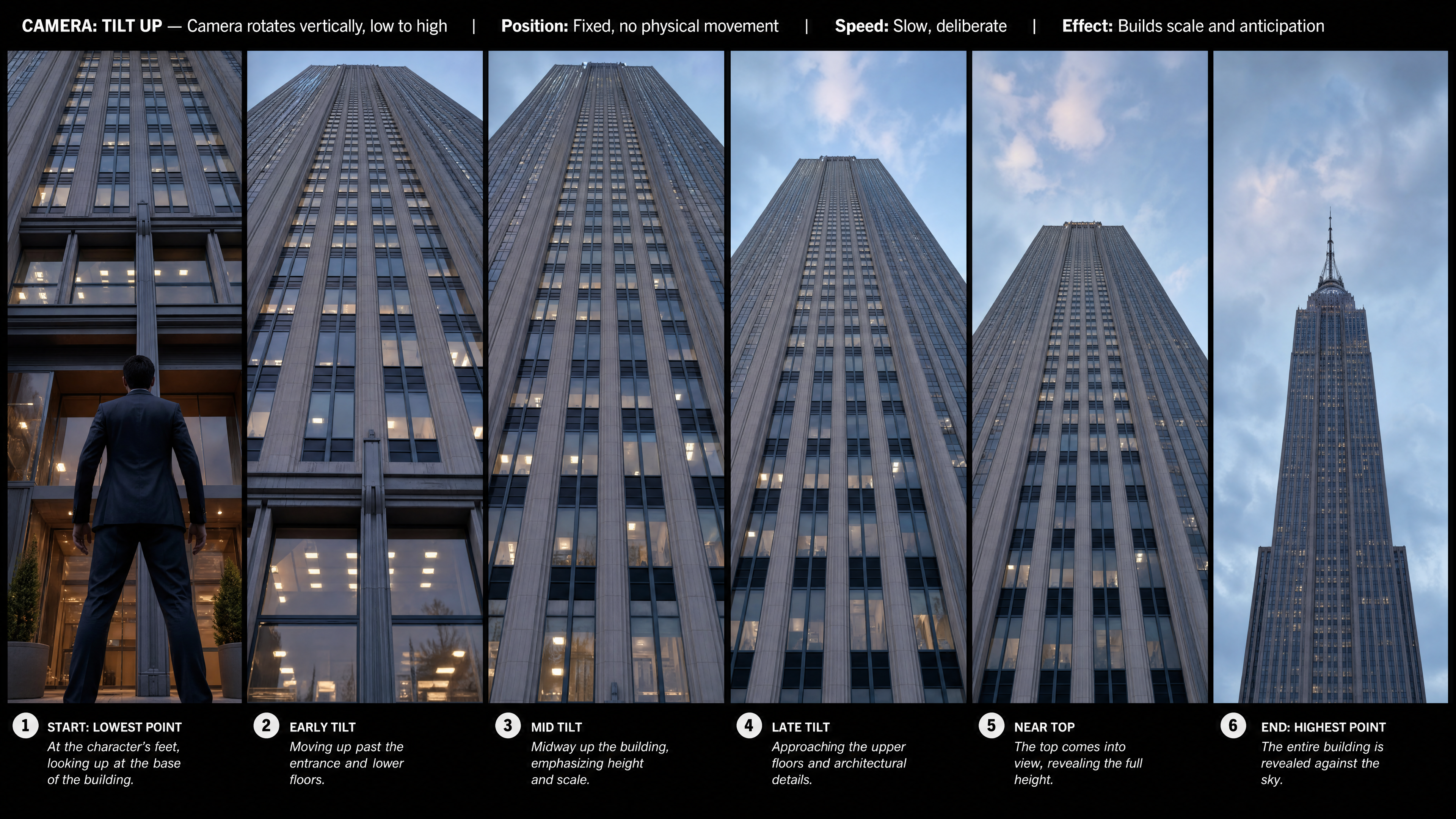 Tilt up camera movement from a character's feet to the full height of a skyscraper, showing scale
