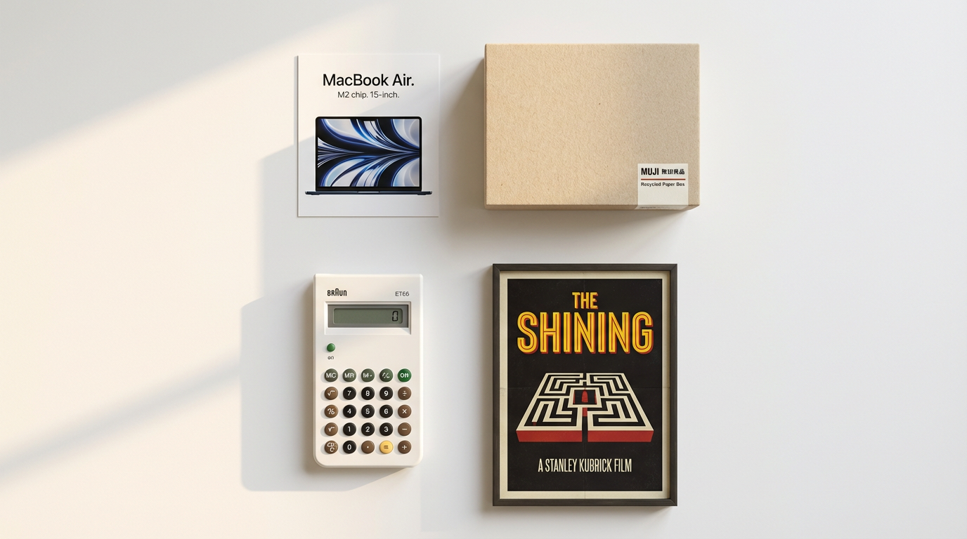 Curated mood board flat lay featuring iconic minimalist design examples