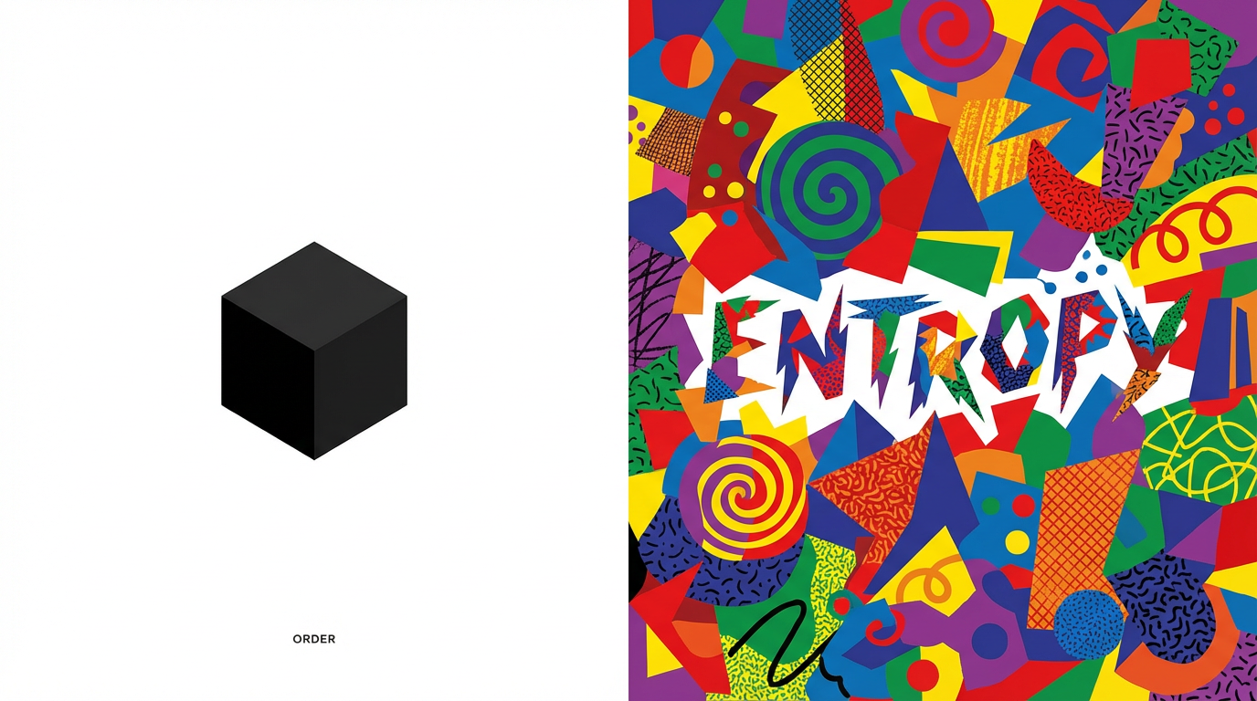 Split composition contrasting minimalist design on the left with maximalist design on the right