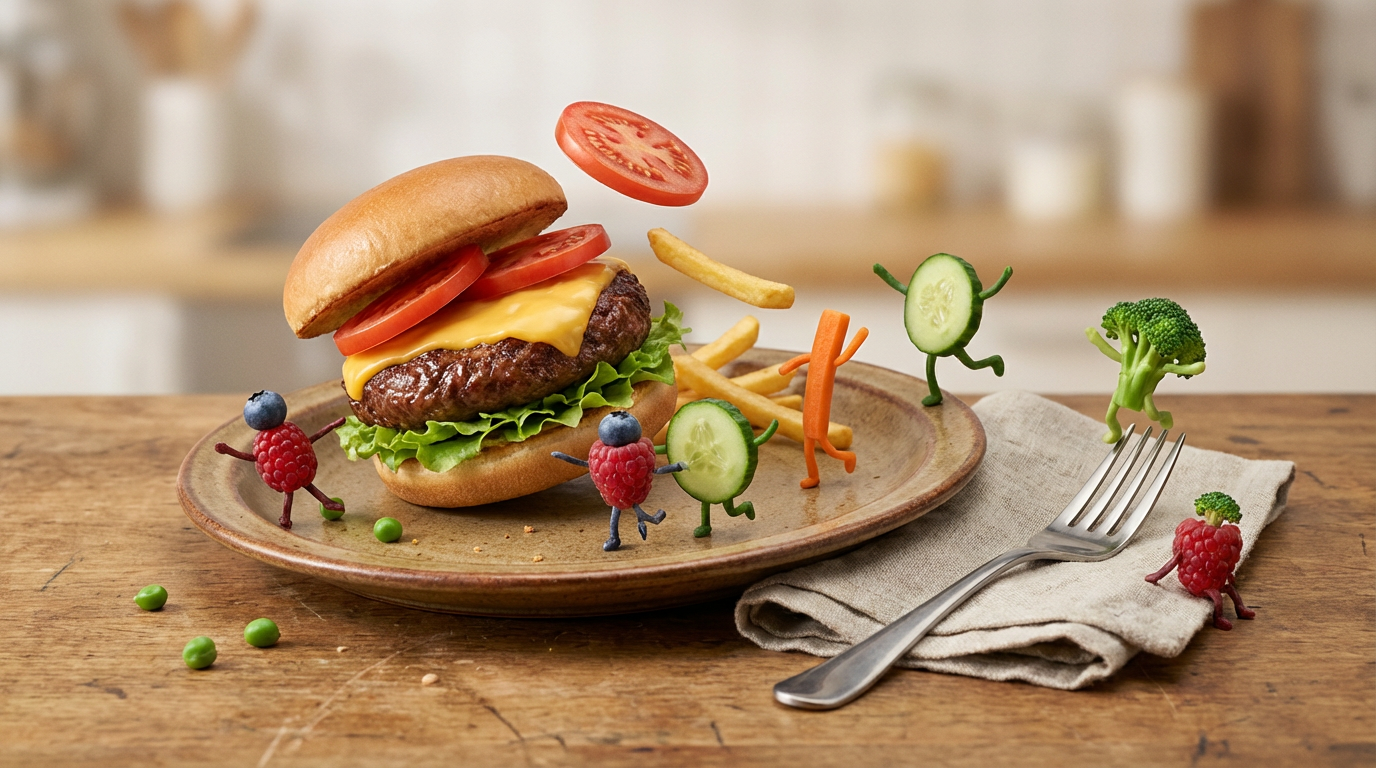 Fruits and veggies dancing on a plate -- generated by ImagineArt AI Image Generator