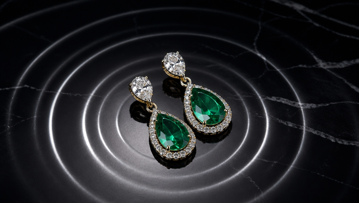 Jewelry photography on dark reflective surface -- generated by ImagineArt AI image generator