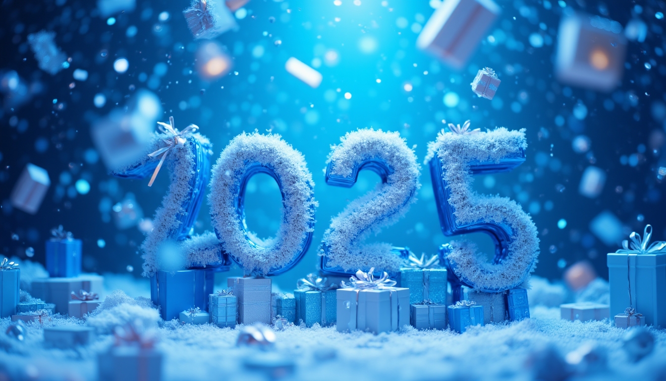 icy 2025 numbers snowy background with snowflakes