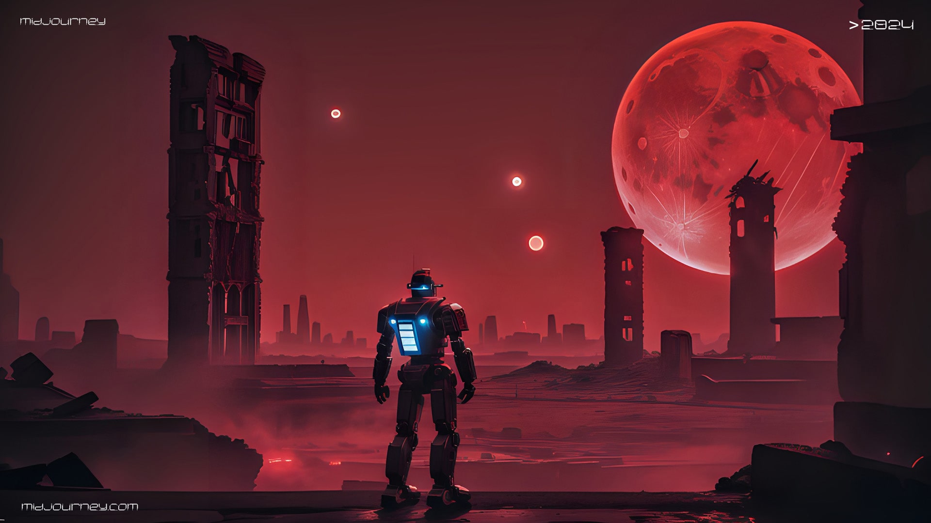 A lone robot gazing at the ruins of a futuristic city under a blood-red moon