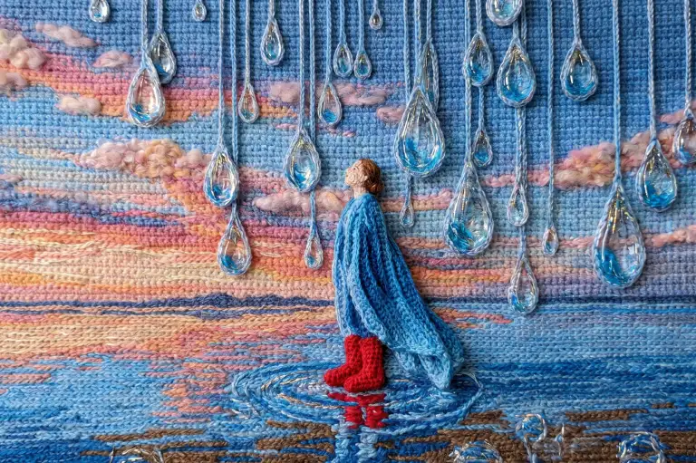 seedream 5.0 pro textile art yarn figure rain sunset.webp